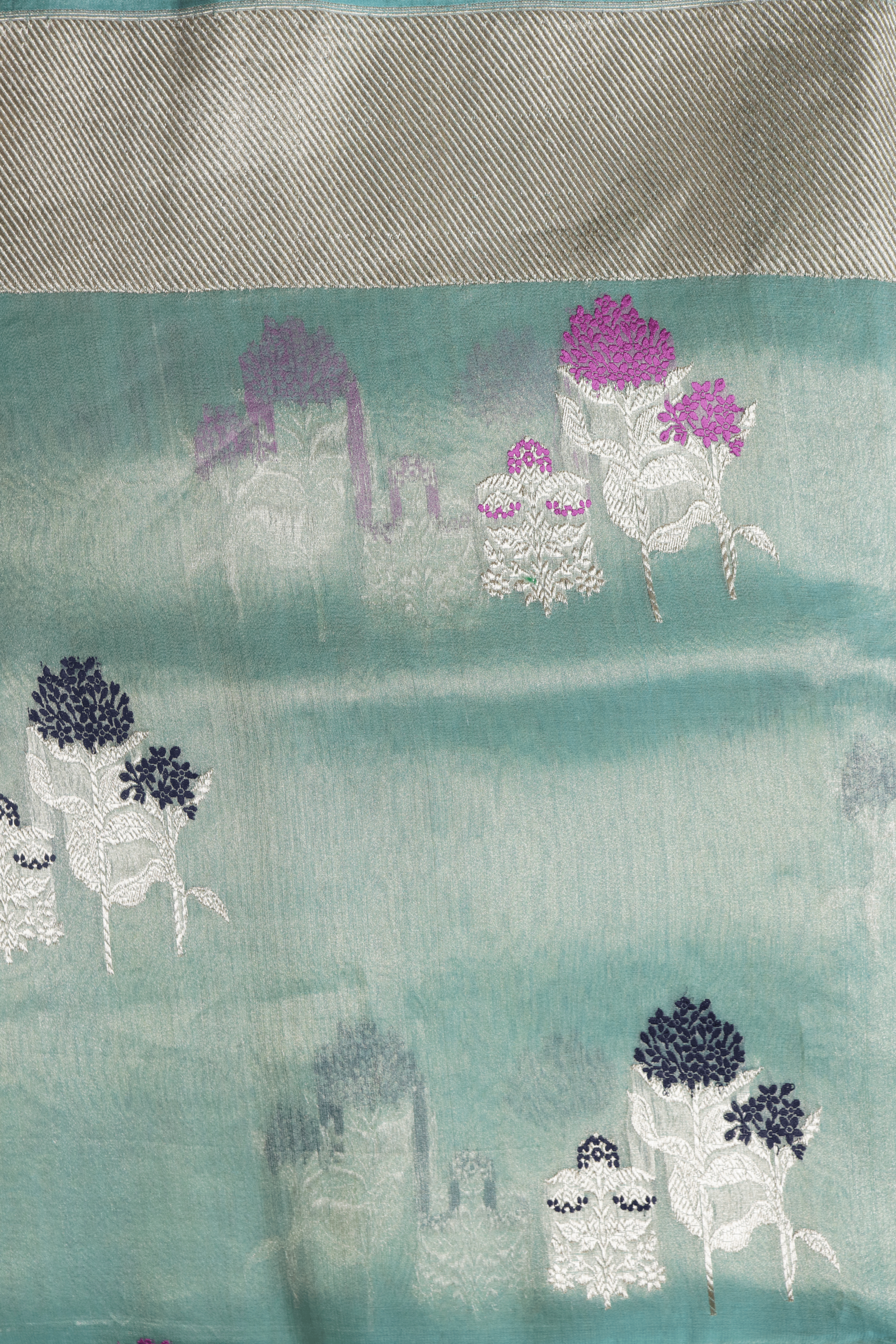 Sea Green Banarasi Tissue Silk Saree with Floral Pot Motifs  Mokshaa