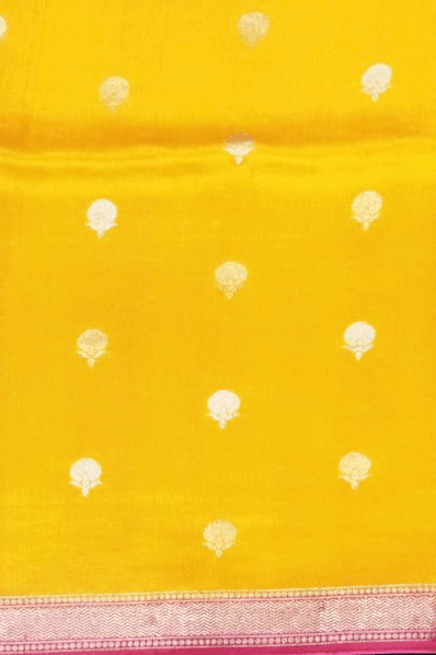 Mustard Yellow and Rani Pink Banarasi Chanderi Saree  Mokshaa