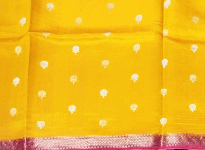 Mustard Yellow and Rani Pink Banarasi Chanderi Saree  Mokshaa