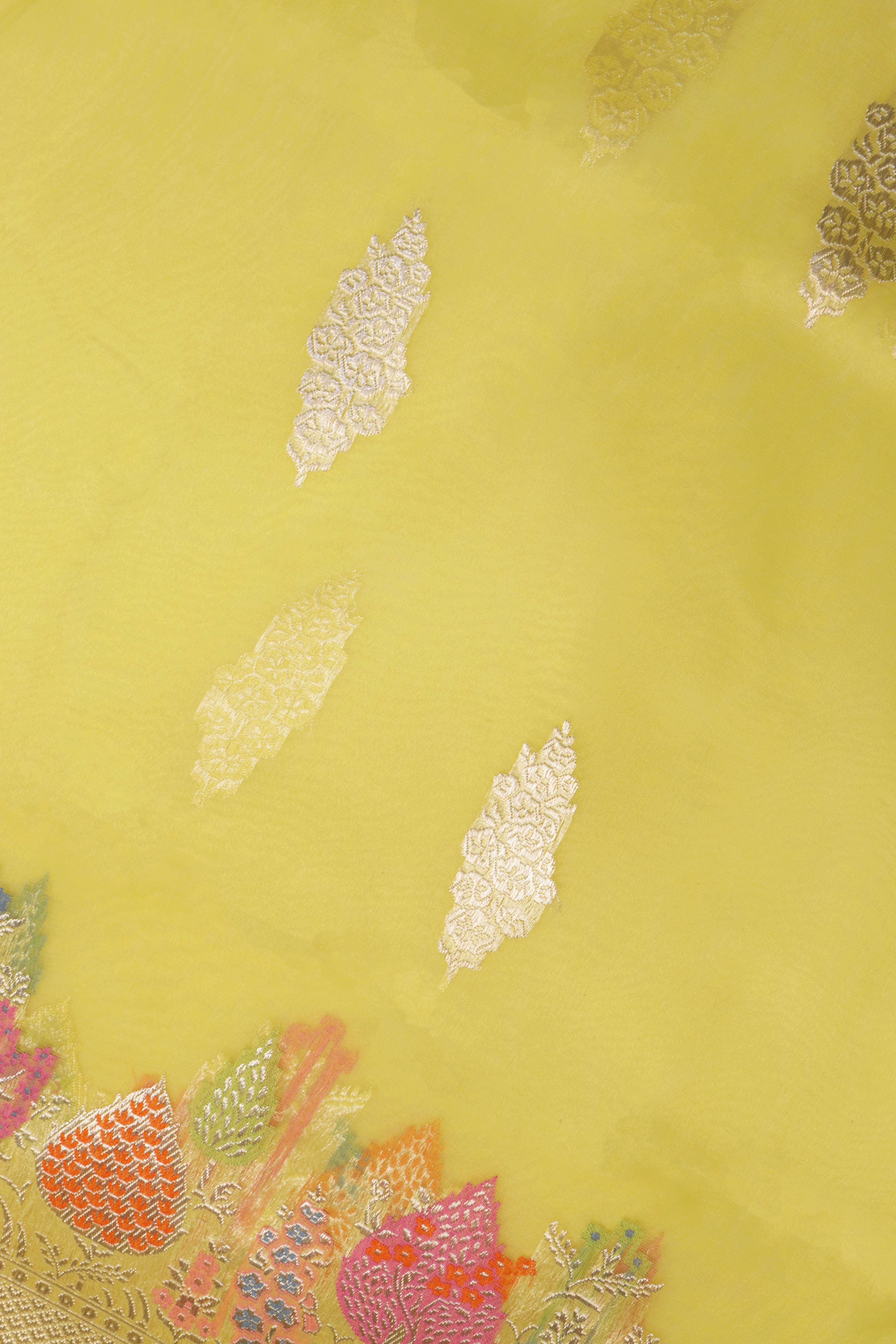 Canary Yellow Banarasi Kora Silk Saree  Mokshaa