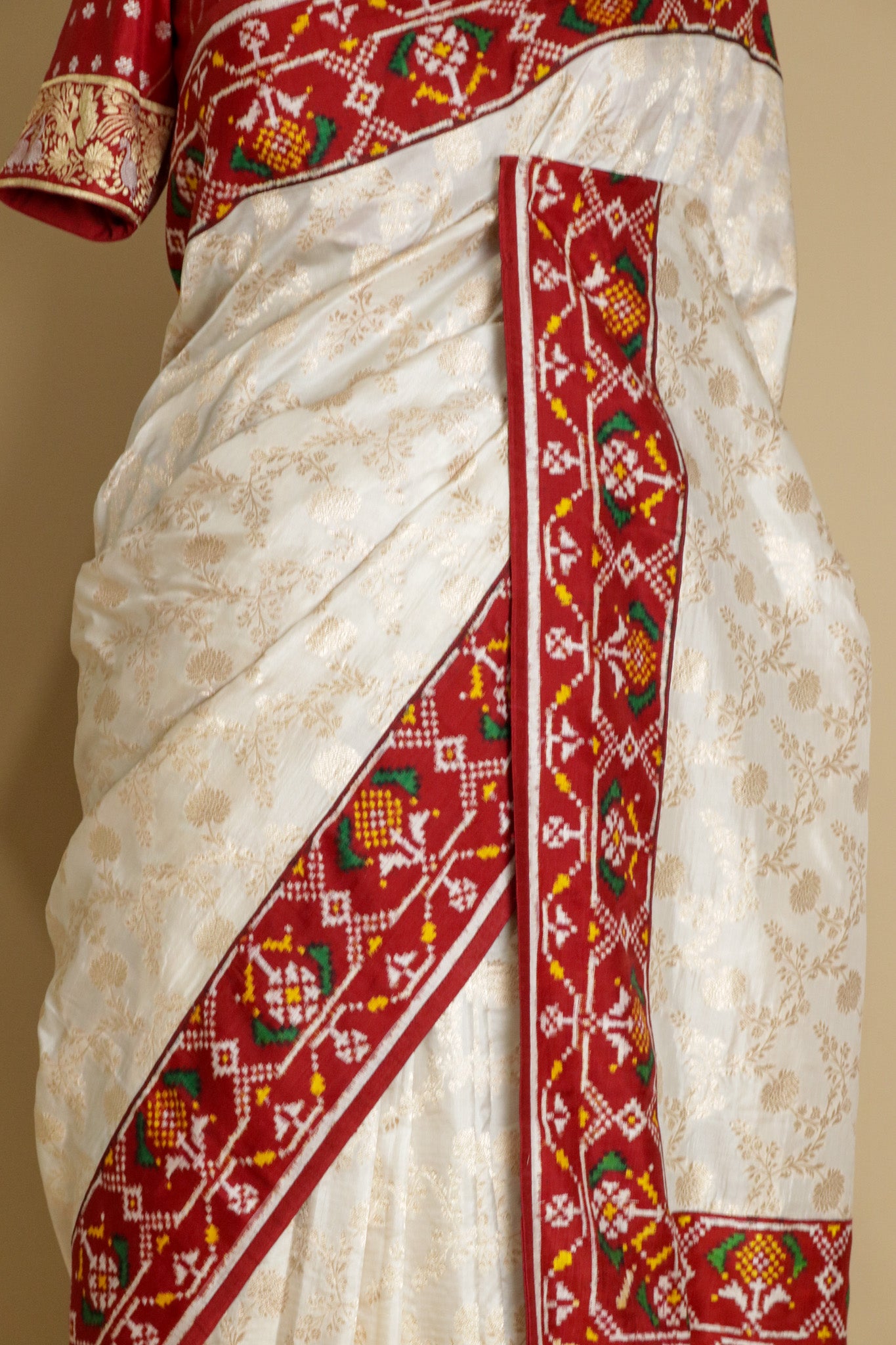 Off-White Banarasi Silk Saree with Patola Contrast Border & Pallu