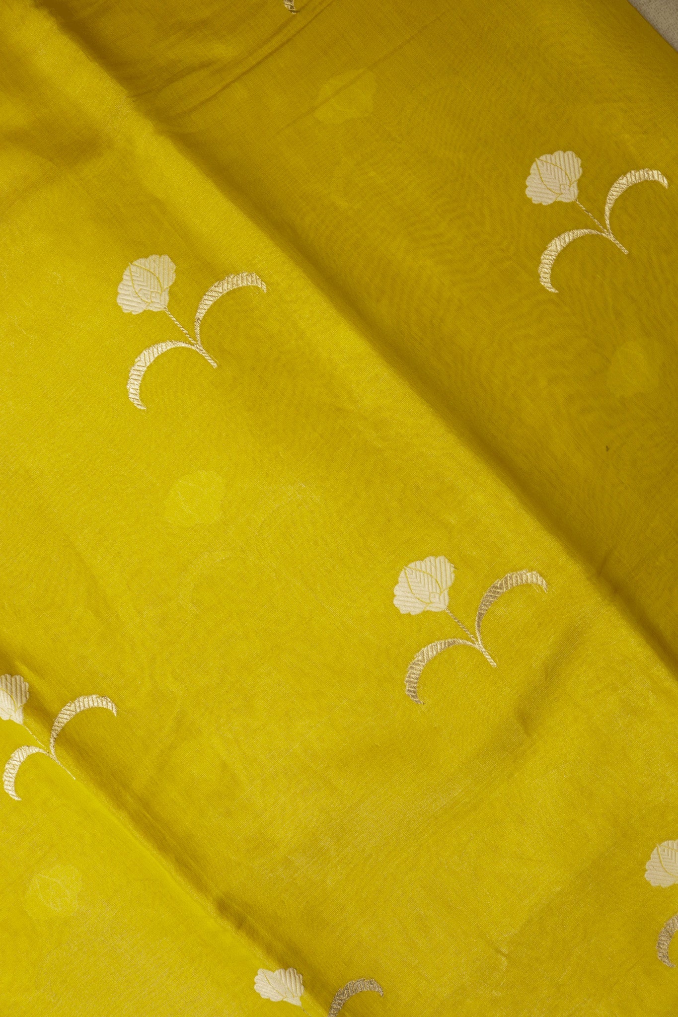 Sun Yellow Banaras Tissue Silk Saree with Zari Floral Buttas and Rich Golden Pallu  Mokshaa