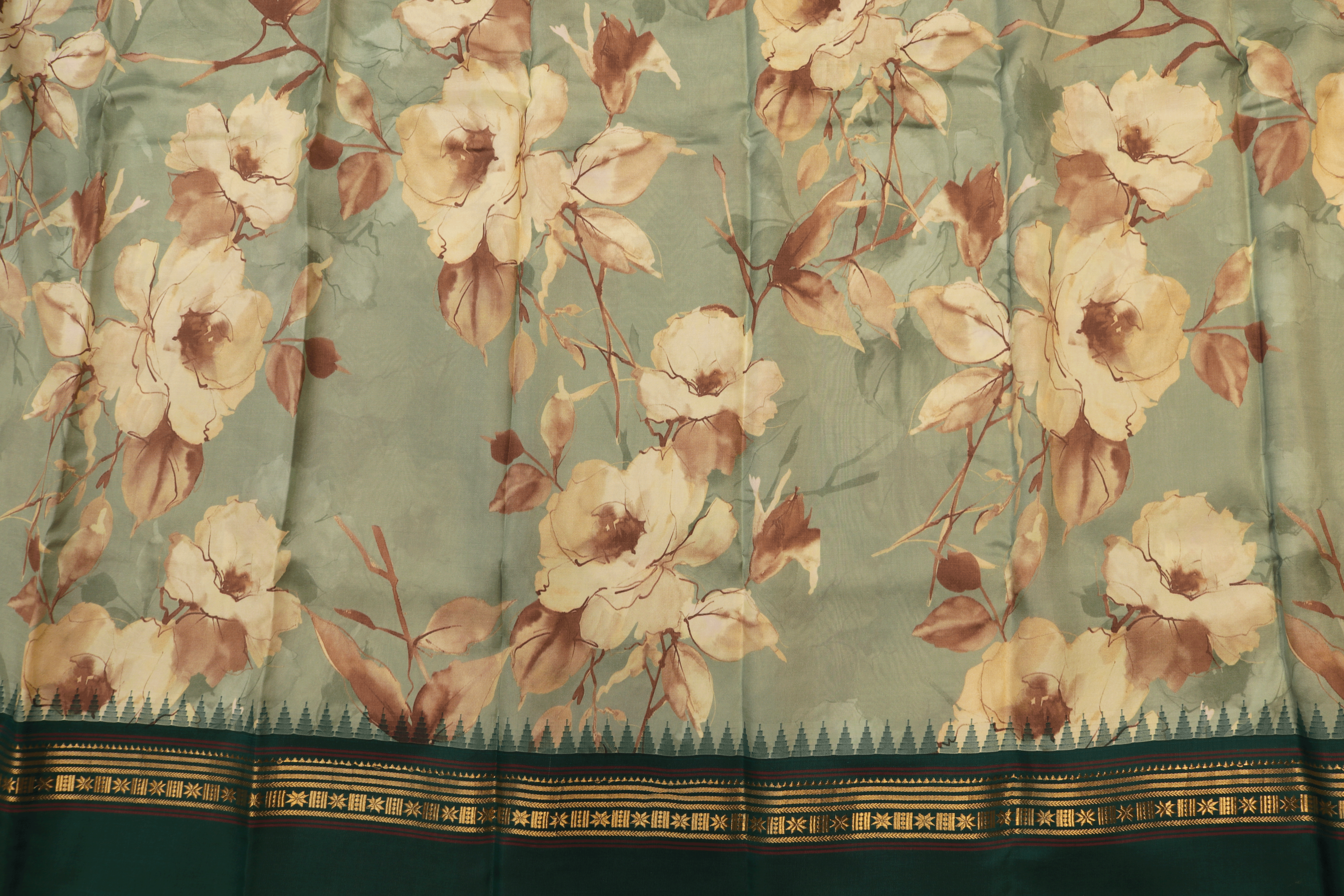 Dusty Sage Floral Printed Saree With Bottle Green Zari Border  Mokshaa