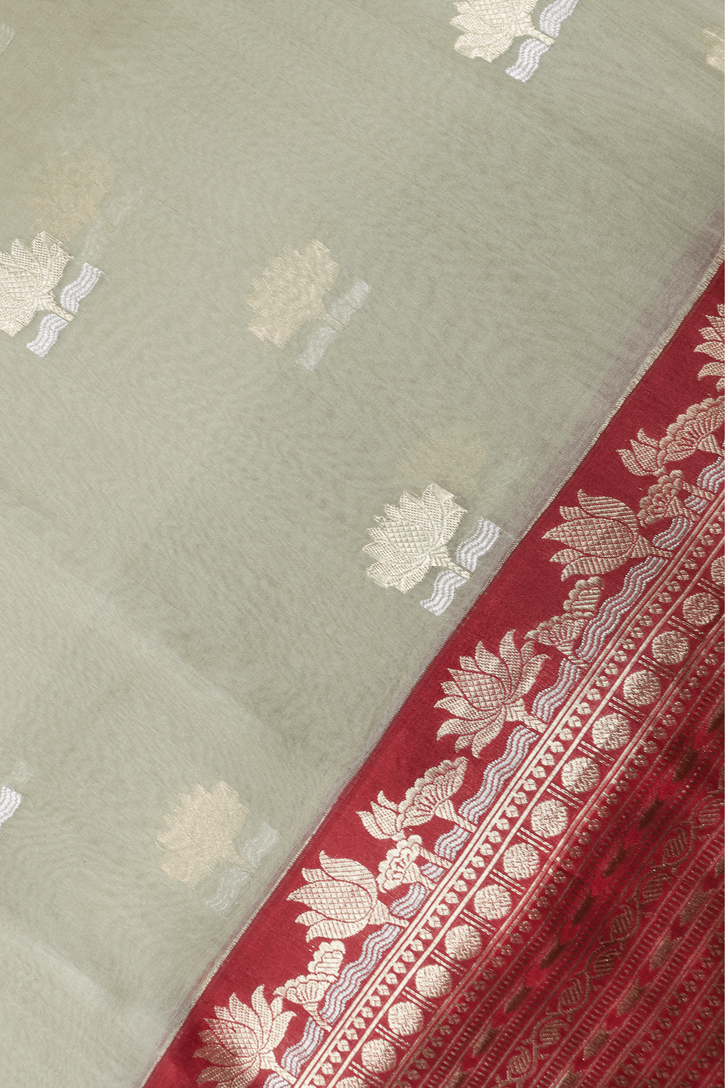 Olive Green Silk Kora Saree with Red Zari Lotus Border - Mokshaa