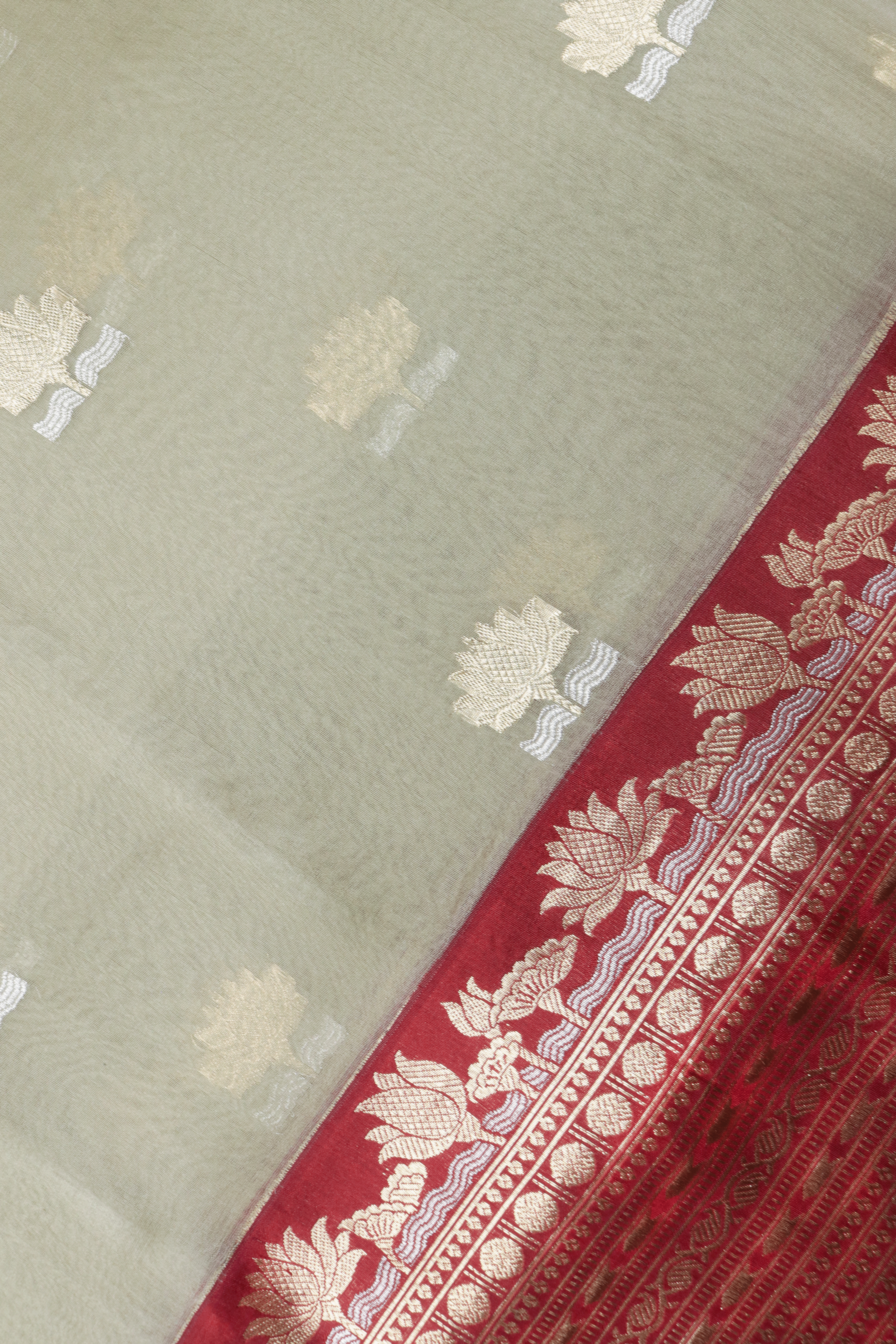 Olive Green Silk Kora Saree with Red Zari Lotus Border  Mokshaa