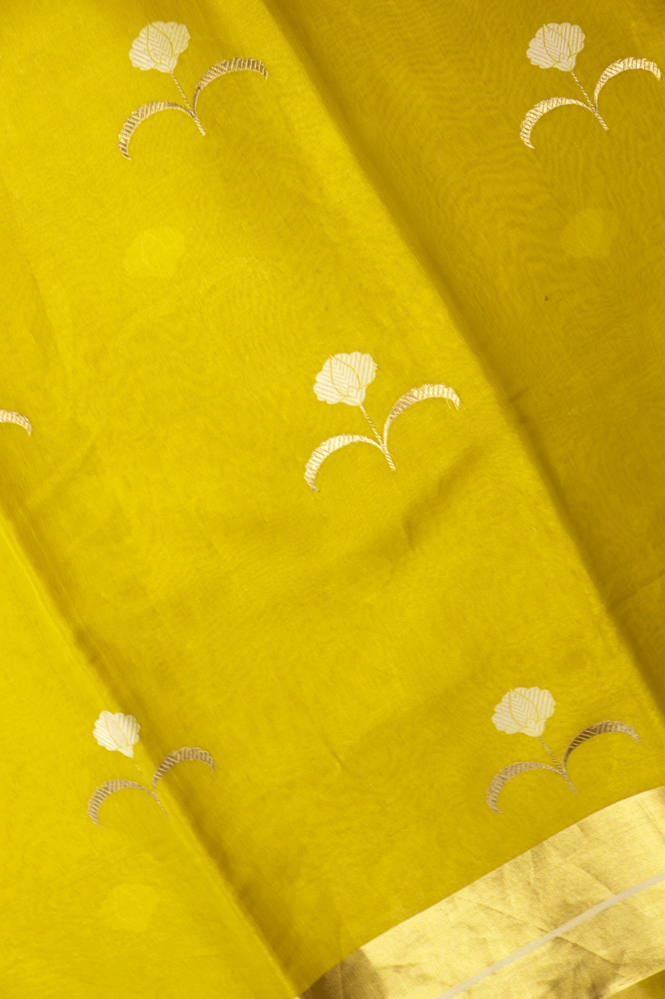 Sun Yellow Banaras Tissue Silk Saree with Zari Floral Buttas and Rich Golden Pallu  Mokshaa