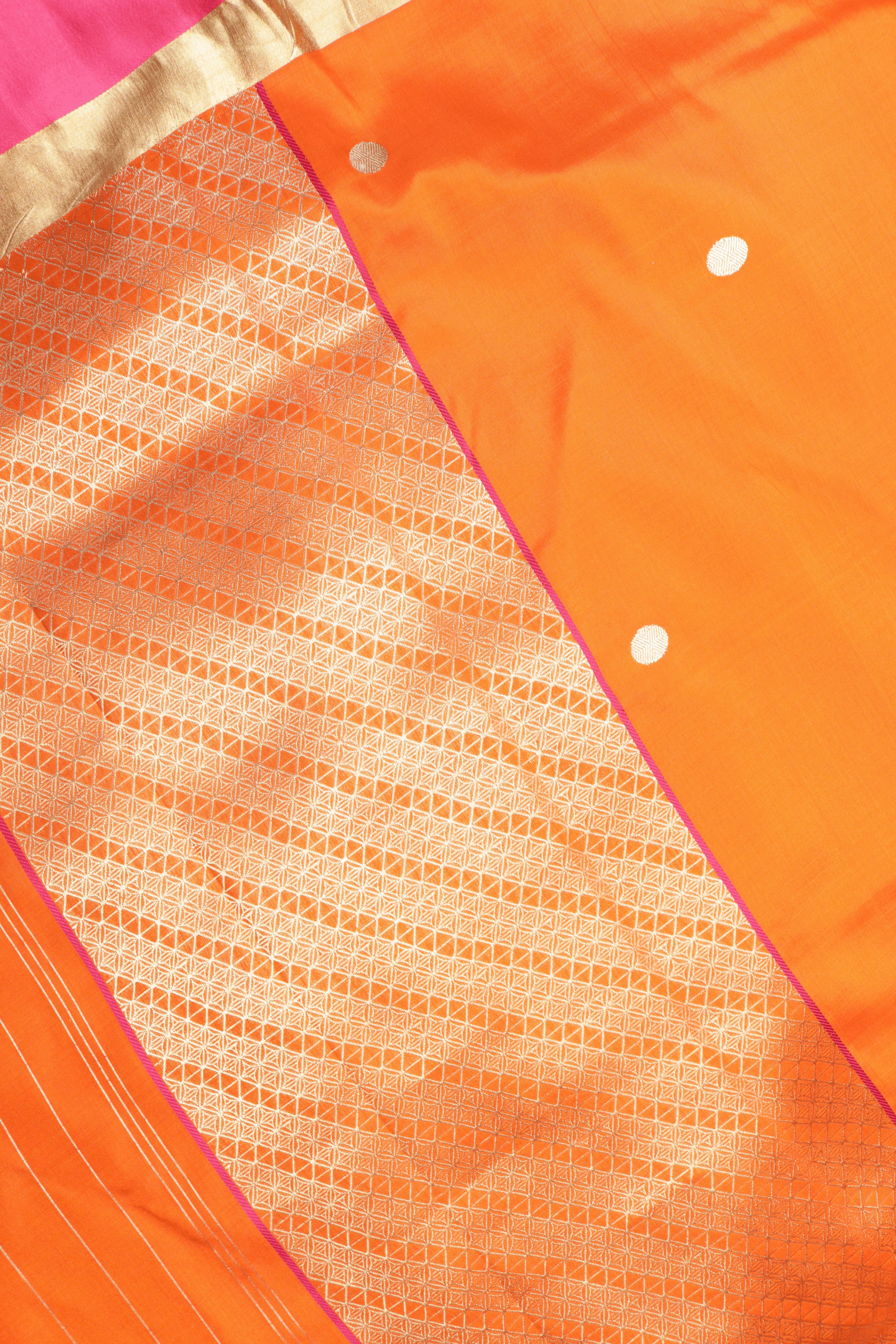 Orange Banarasi Silk Saree with Pink Zari Border  Mokshaa