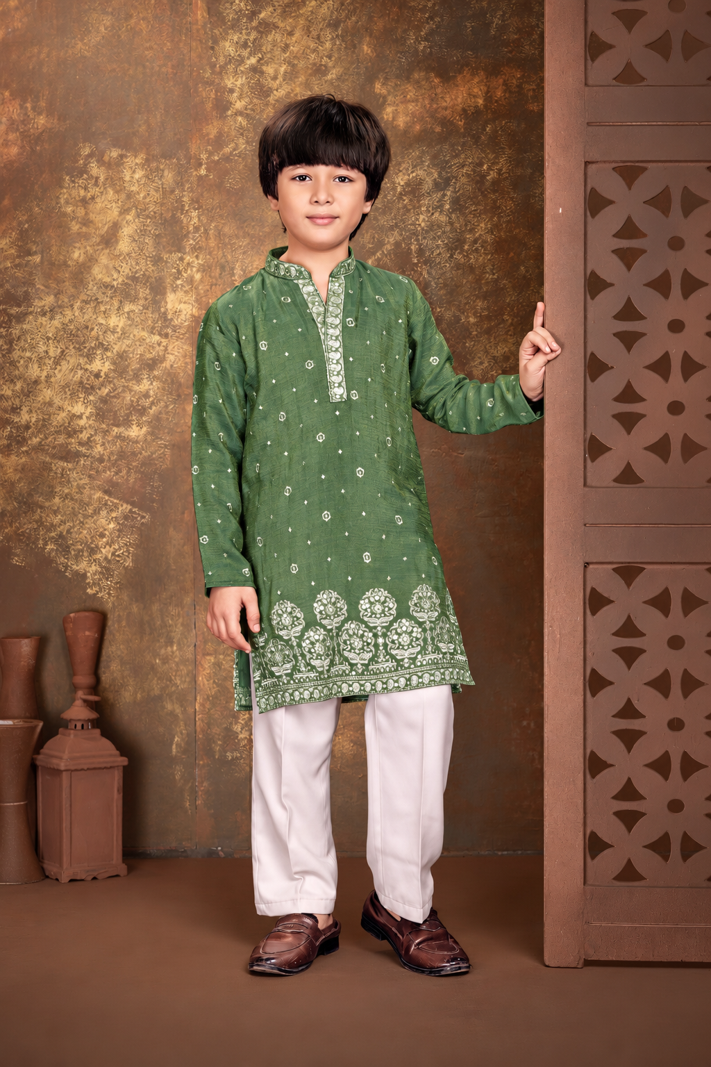 Olive Green Embroidered Kurta Set for Boys