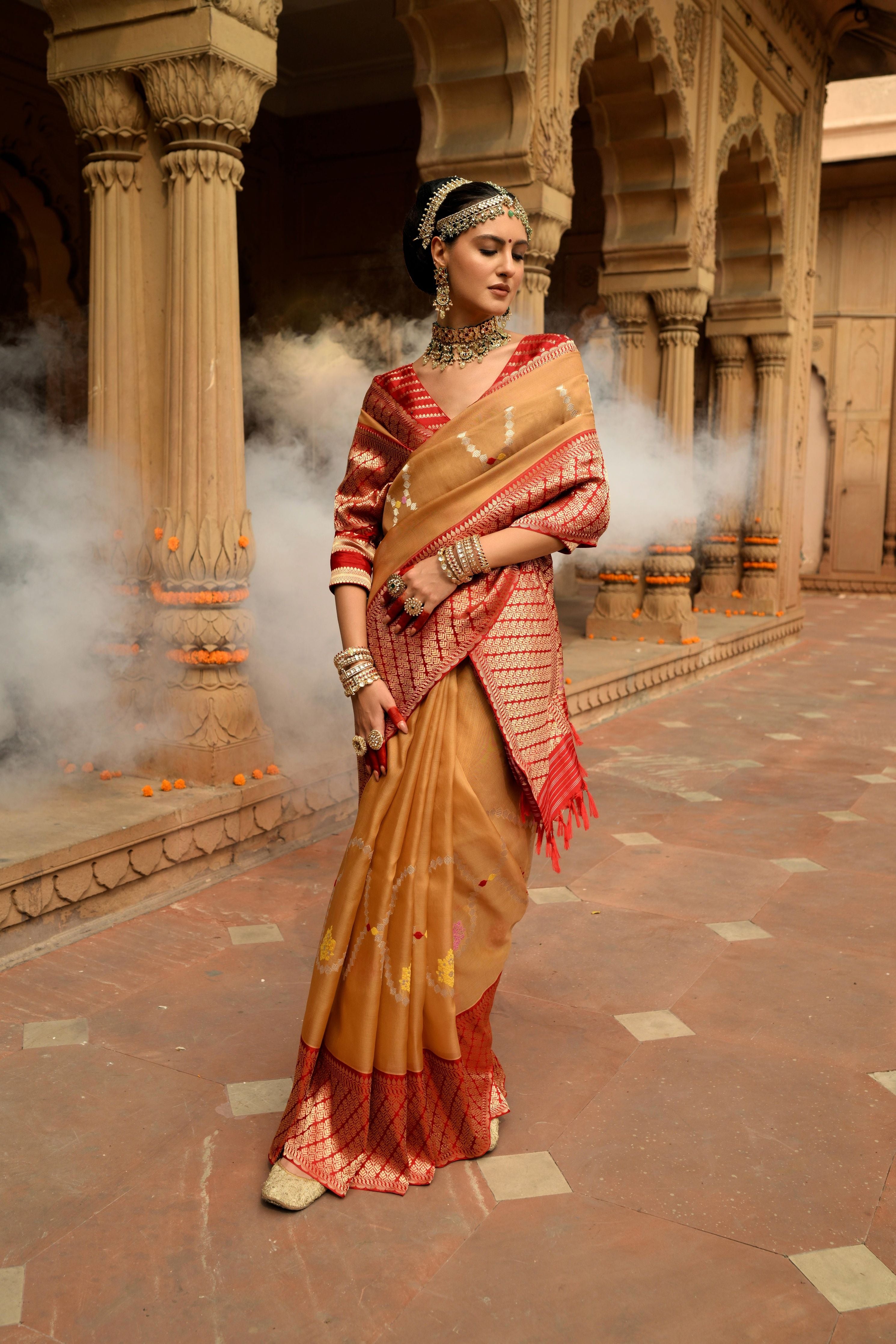 Earthy Mustard Kora Banarasi Silk Saree - Mokshaa