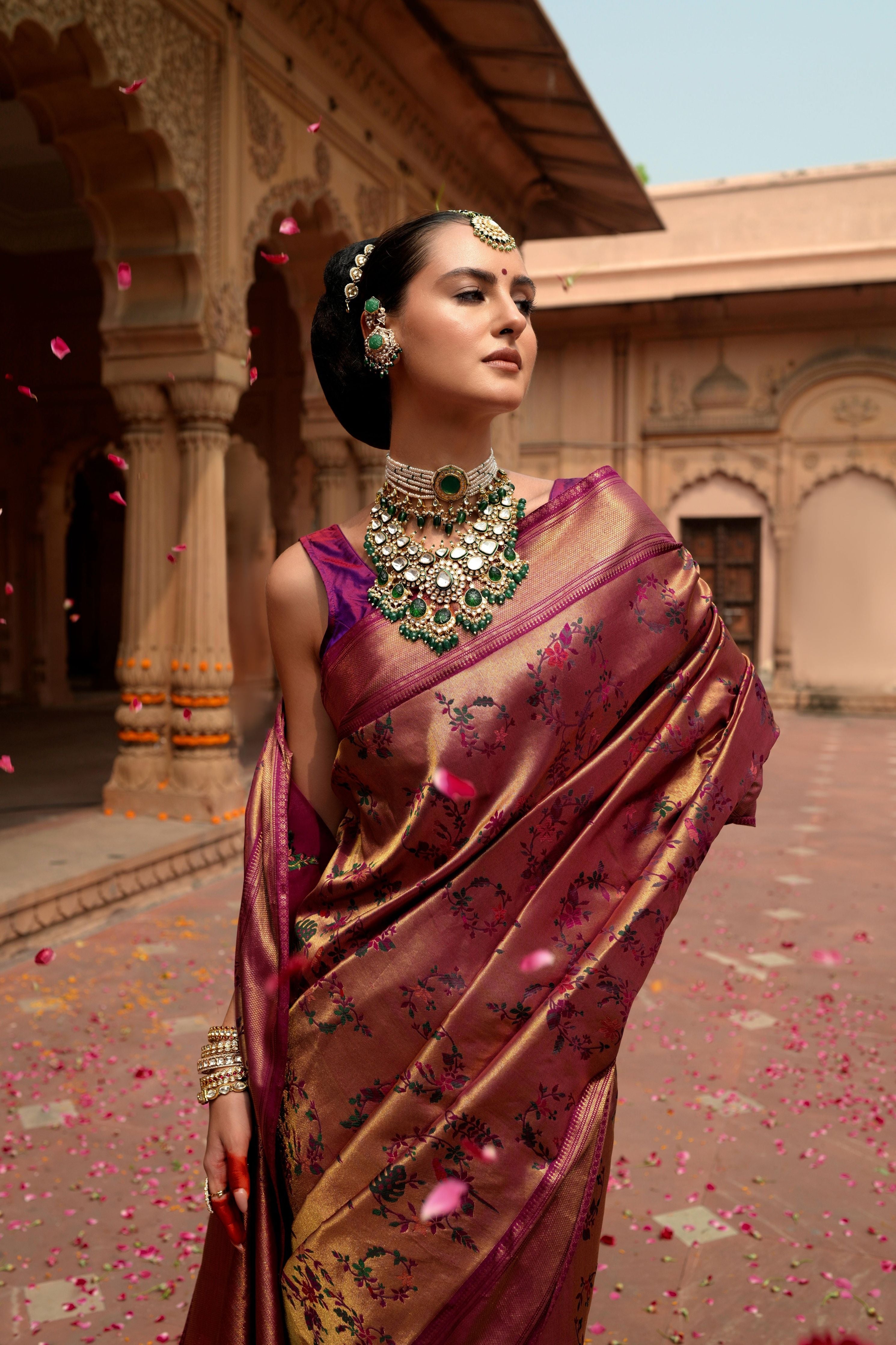 Burgandy Kanchipuram Silk Saree with Tissue Finish - Mokshaa