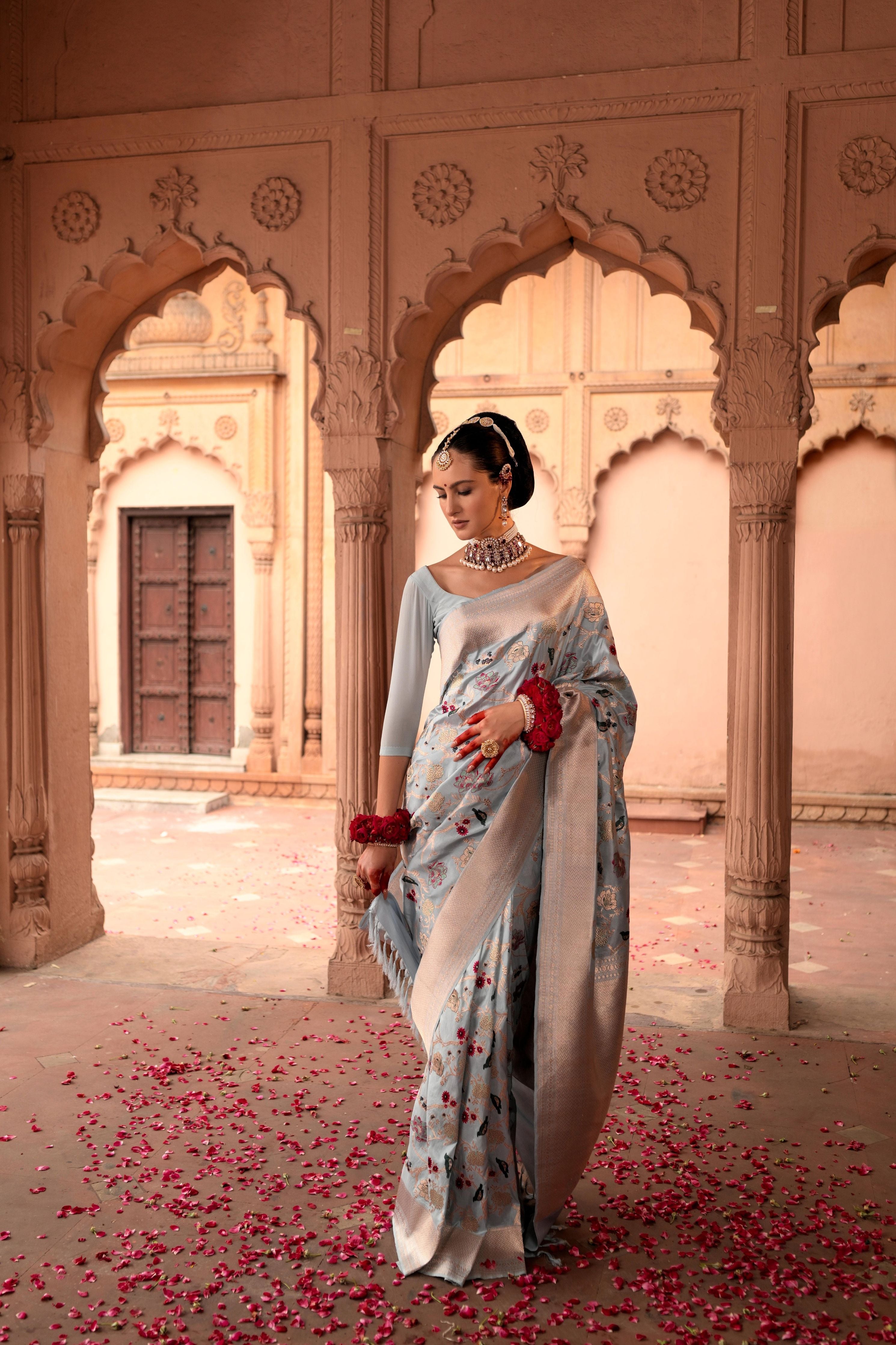 Light Blue Banarasi Silk Saree - Mokshaa