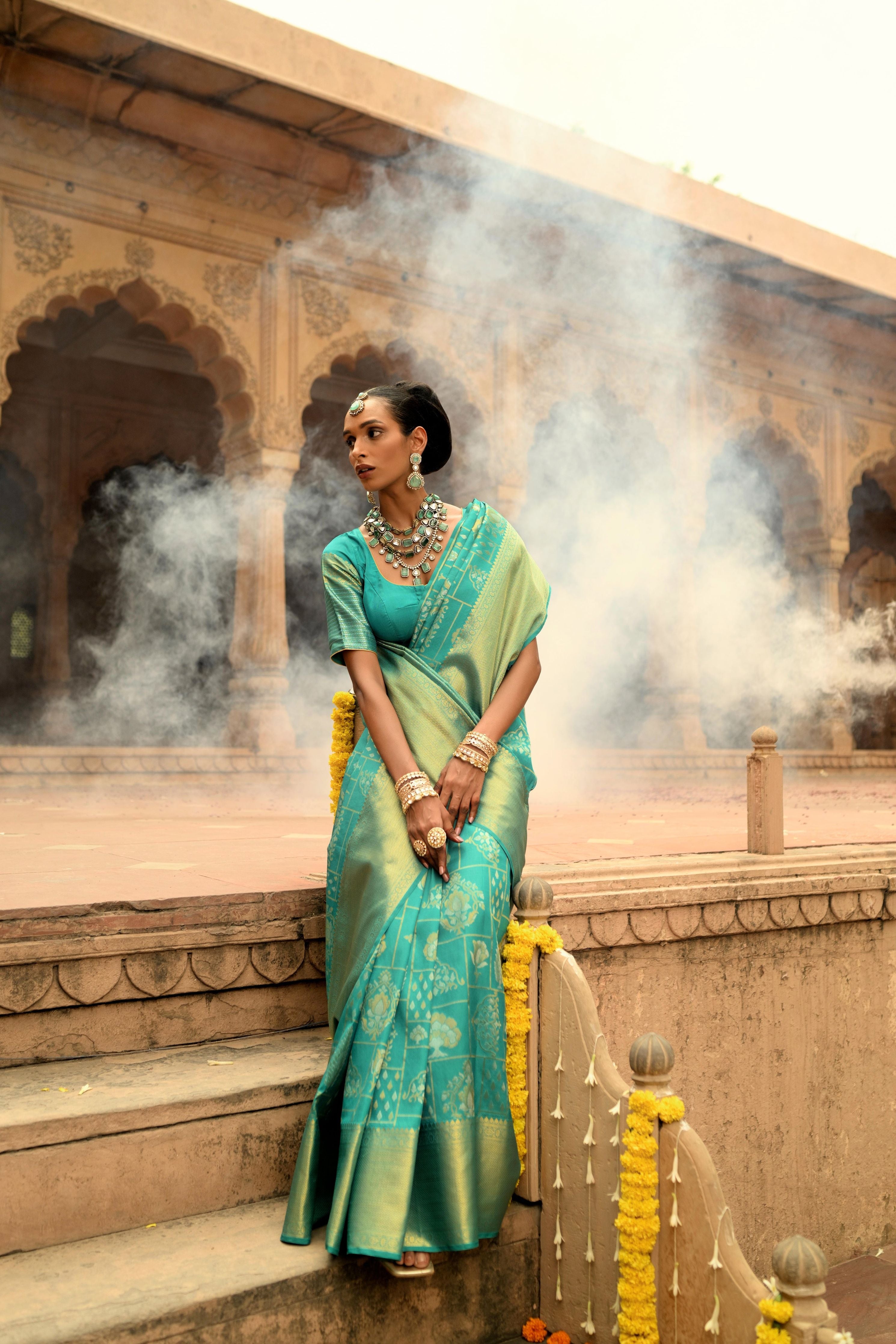 Turquoise Blue Kanchipuram Silk Saree - Mokshaa