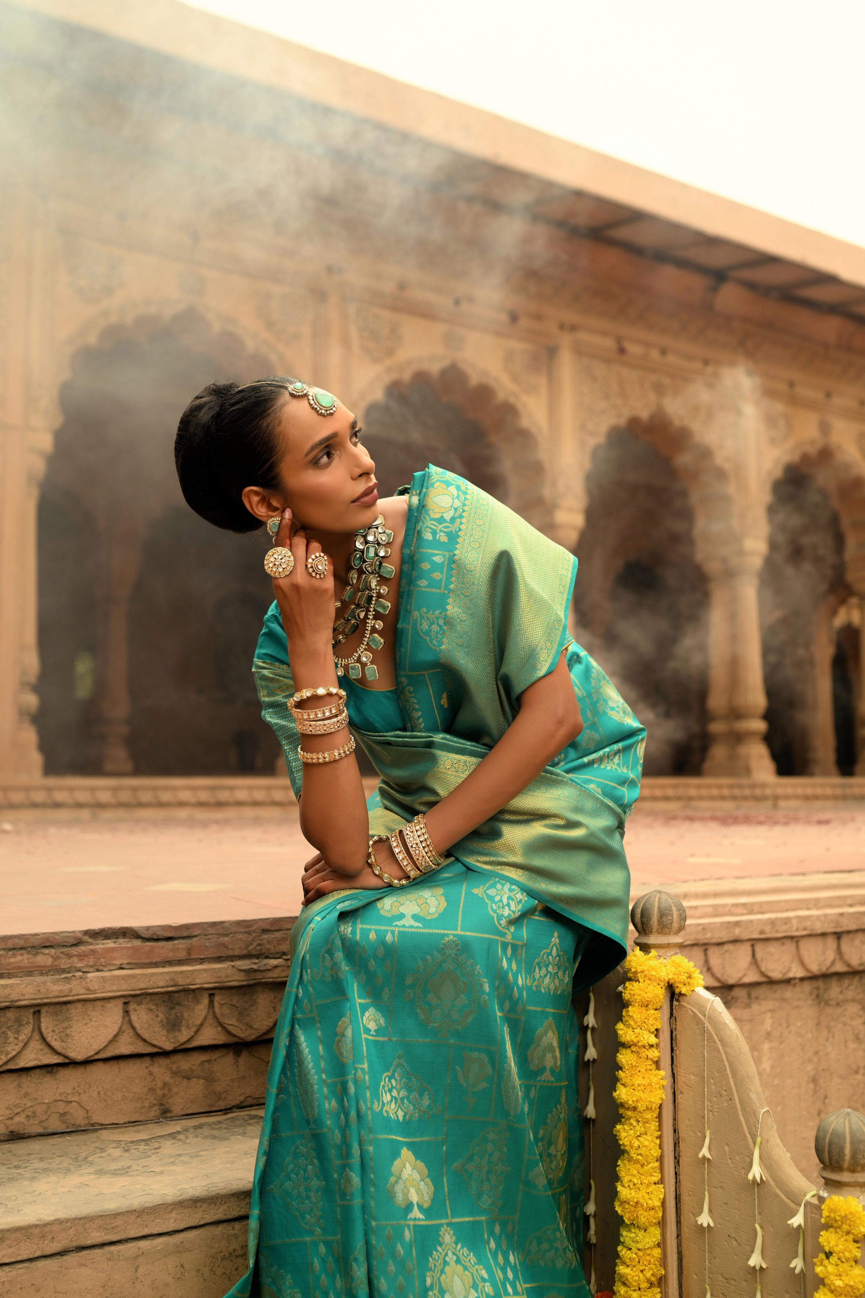 Turquoise Blue Kanchipuram Silk Saree - Mokshaa