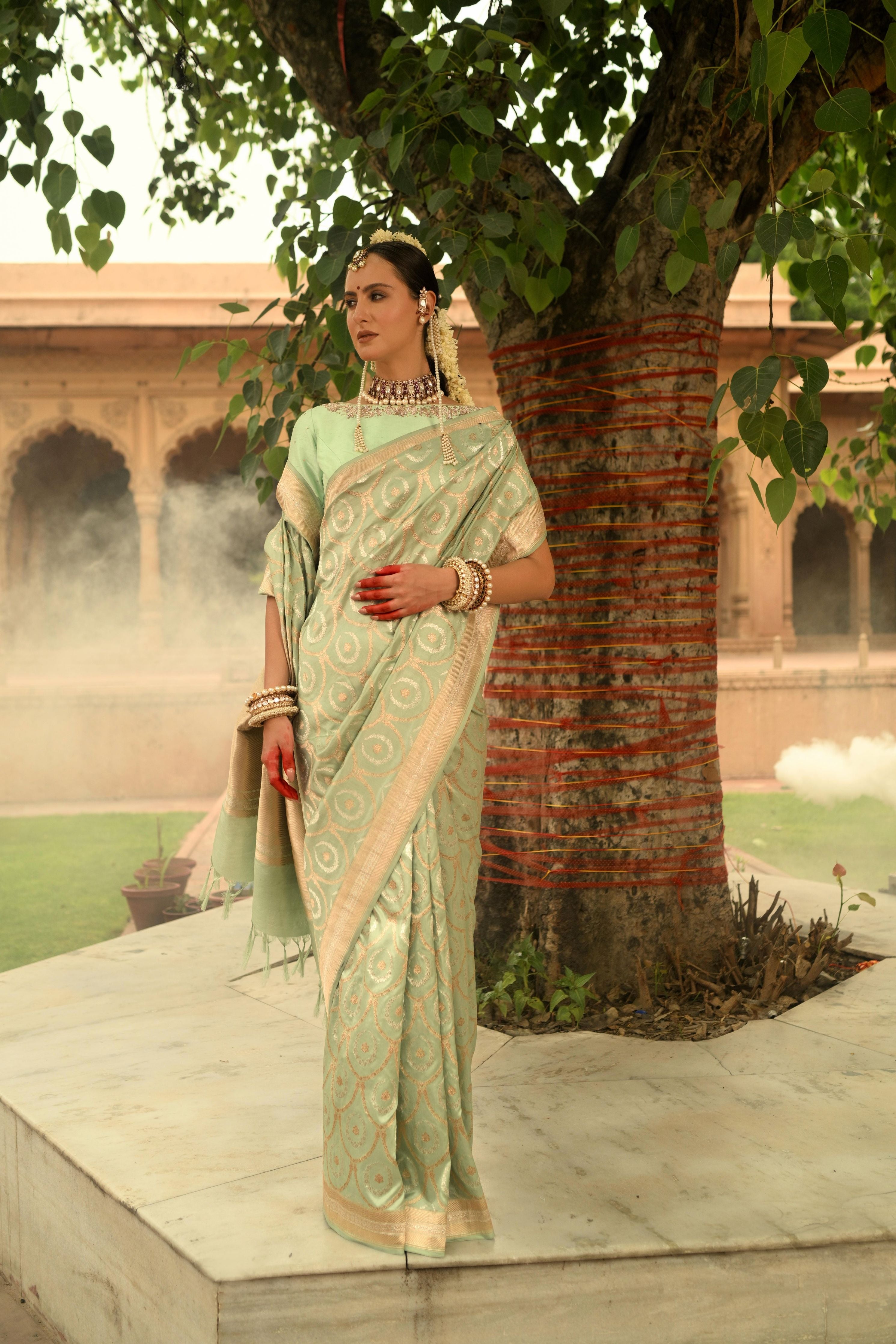 Pastel Green Banarasi Silk Saree - Mokshaa