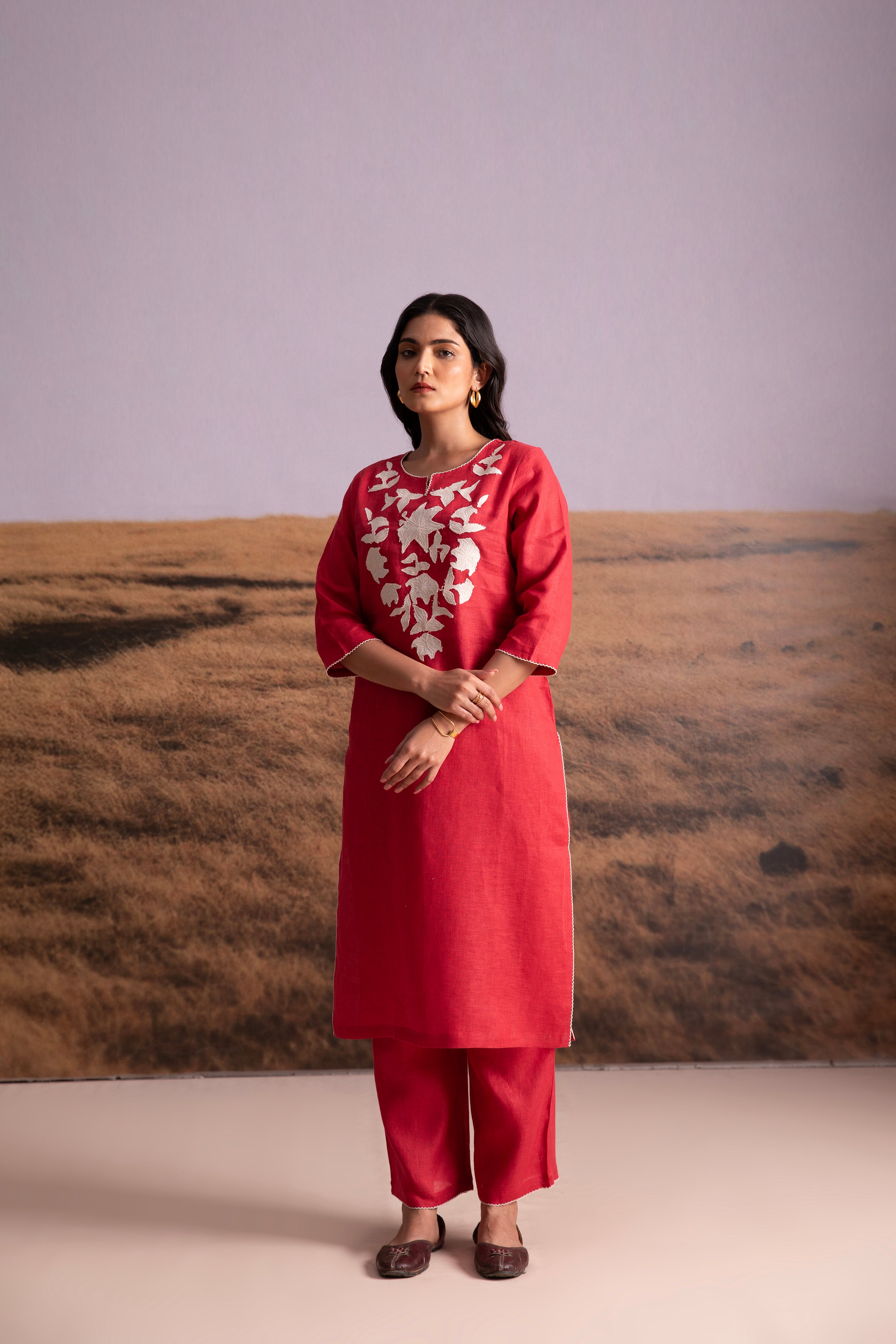 Pure Hemp Applique Red Kurta Set - Mokshaa