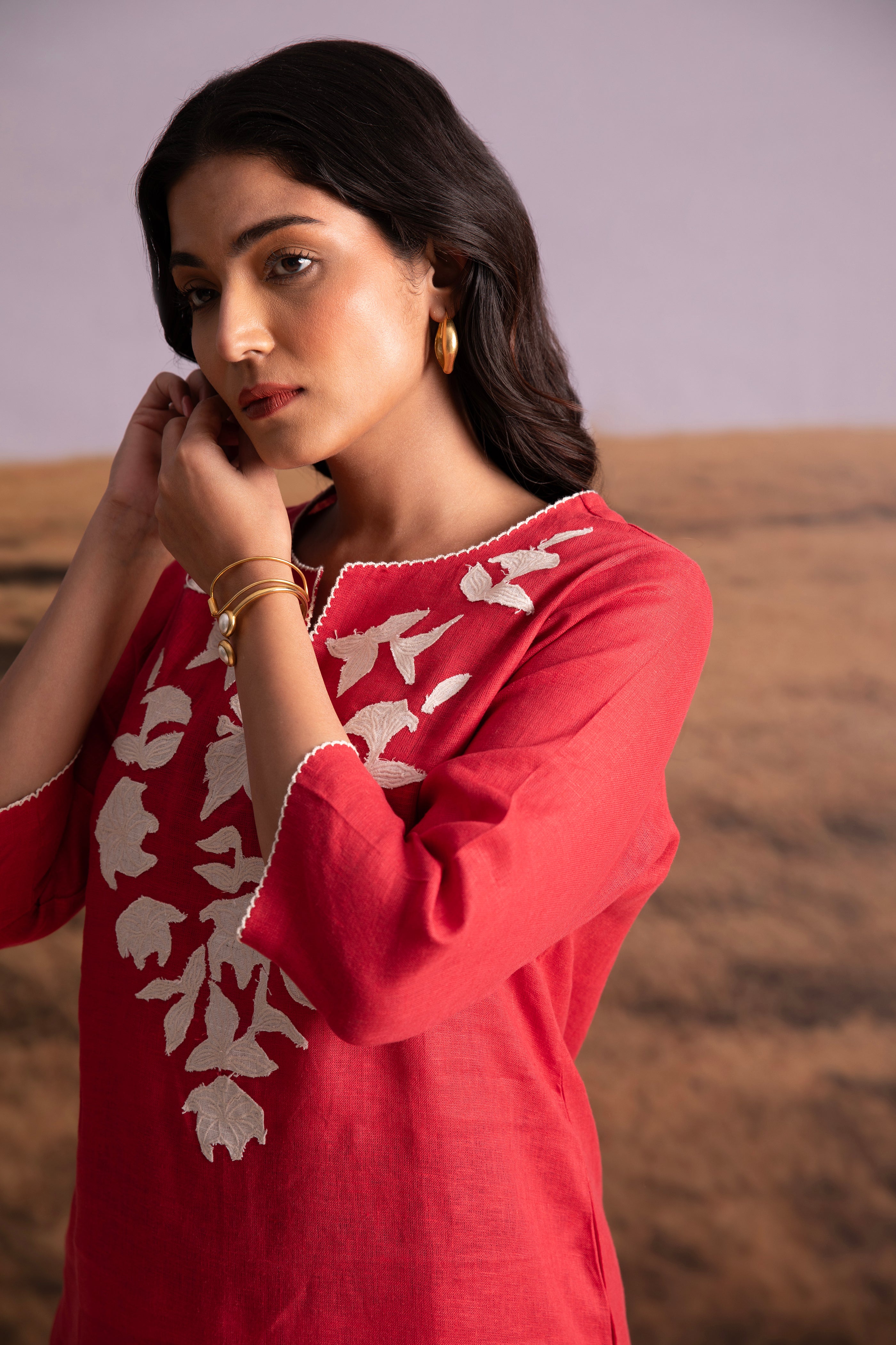 Pure Hemp Applique Red Kurta Set - Mokshaa