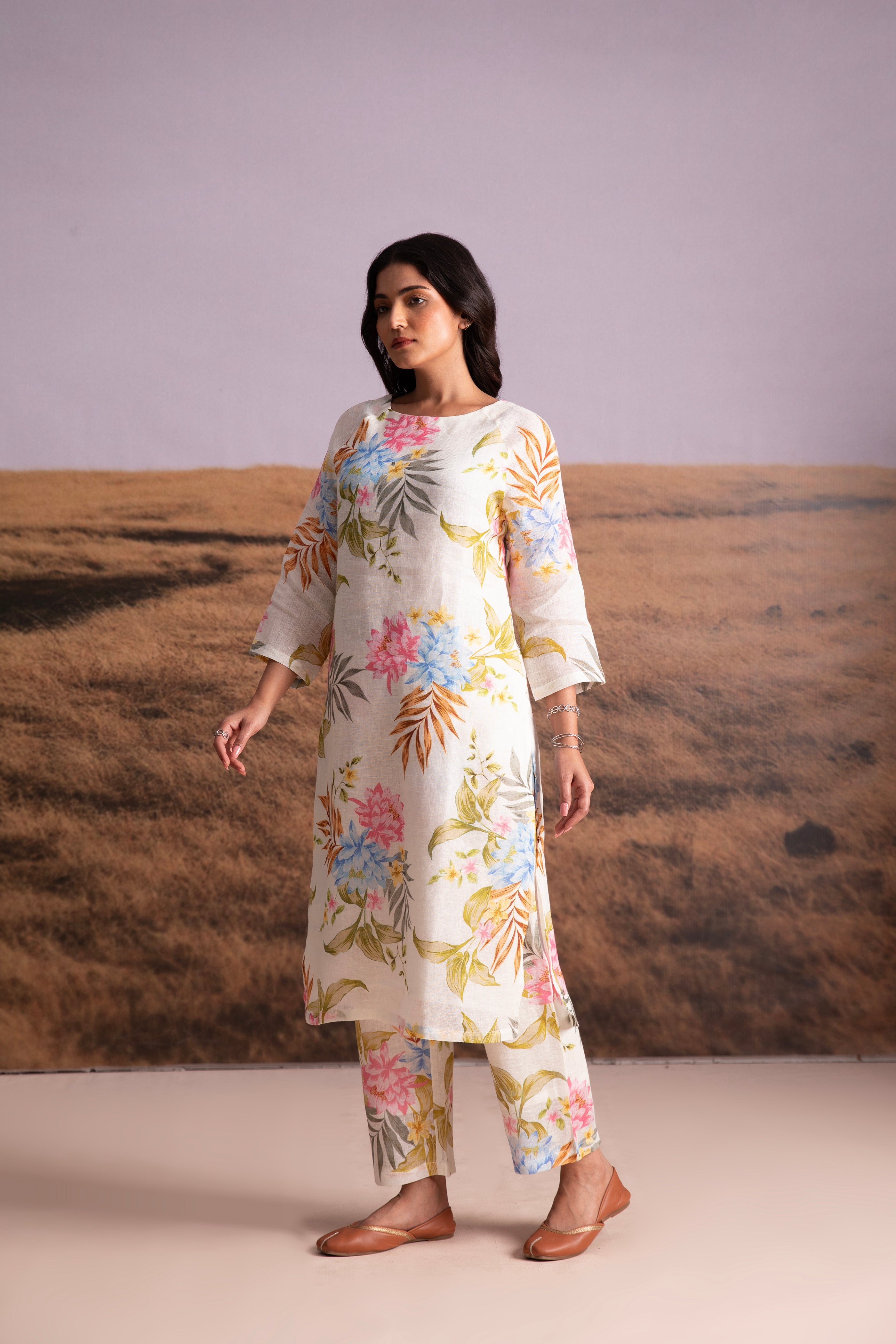 Pure Hemp White Floral Kurta Set - Mokshaa