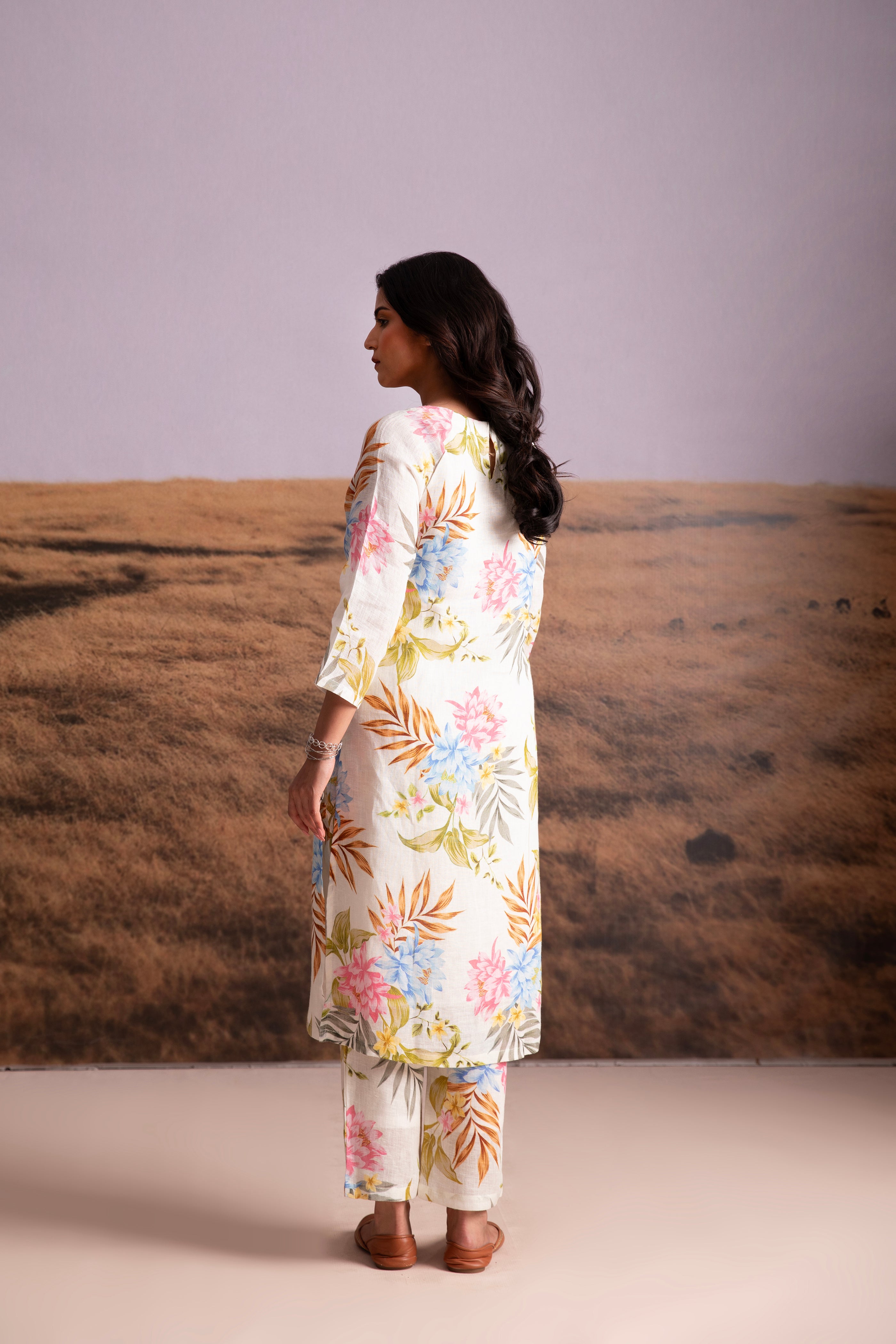 Pure Hemp White Floral Kurta Set - Mokshaa