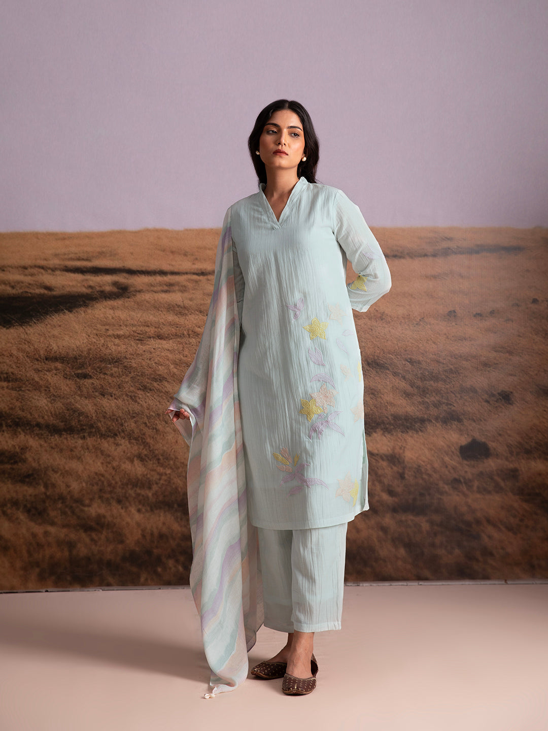 Crinkle Vegan Silk Applique Salwar  Set- Artic Blue