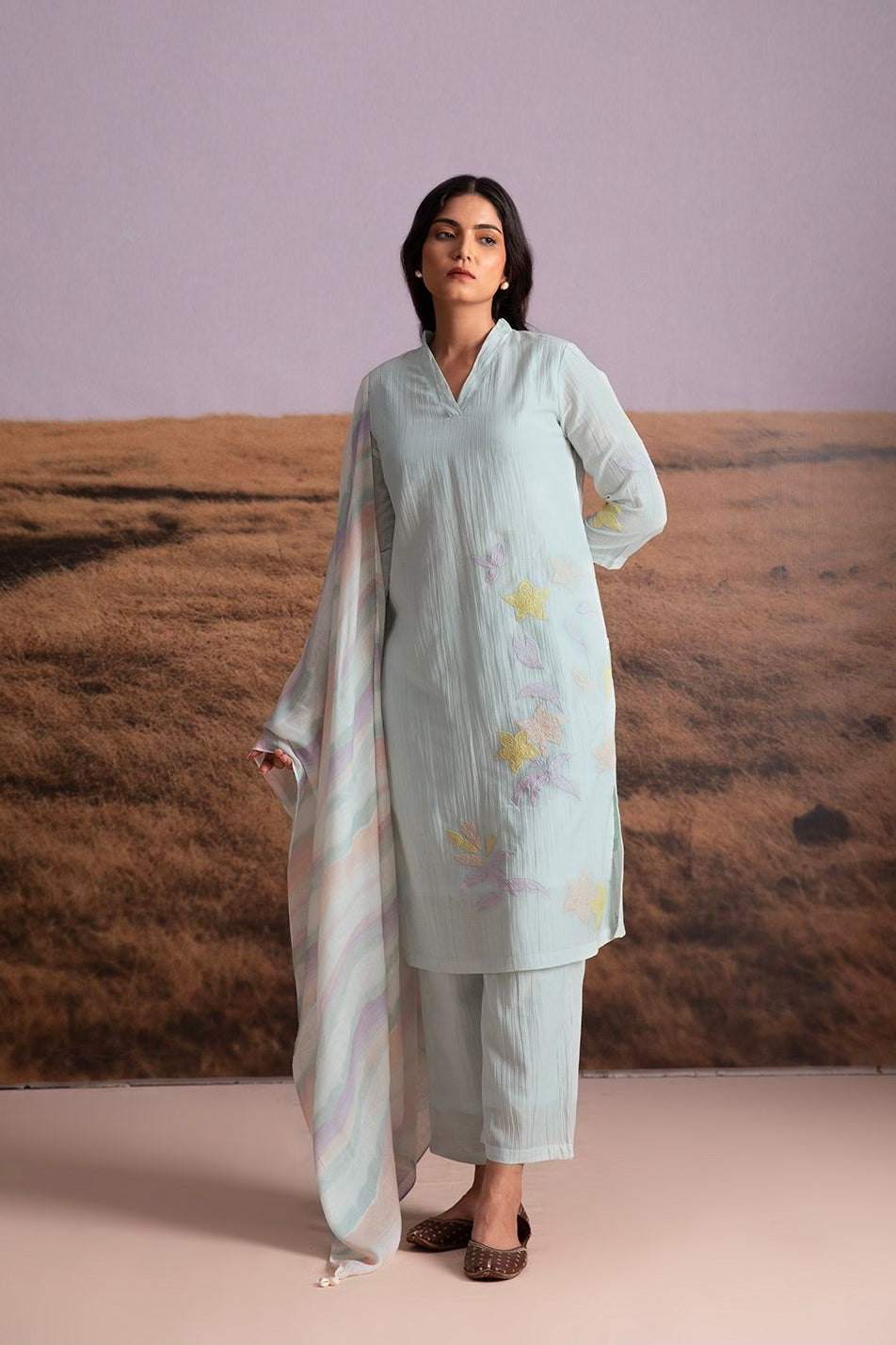 Crinkle Vegan Silk Applique Salwar Set- Artic Blue - Mokshaa