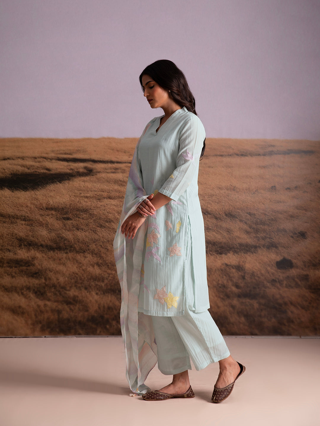 Crinkle Vegan Silk Applique Salwar  Set- Artic Blue