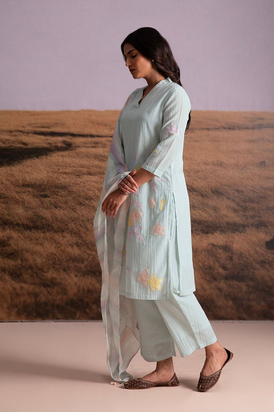 Crinkle Vegan Silk Applique Salwar Set- Artic Blue - Mokshaa