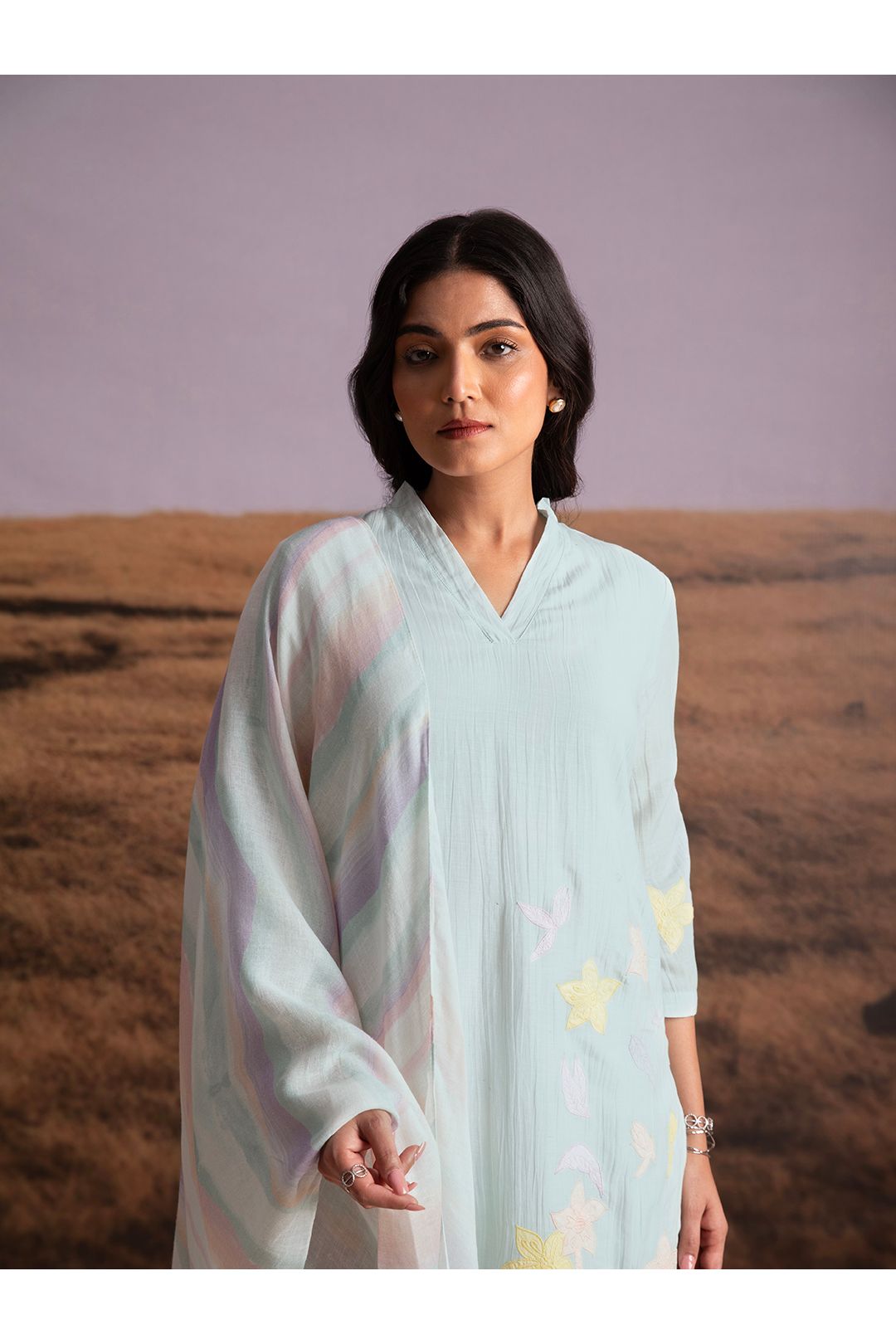 Crinkle Vegan Silk Applique Salwar Set- Artic Blue - Mokshaa