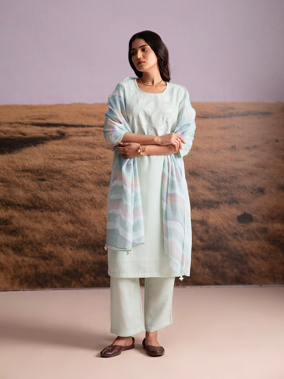 Mint Applique Karamiori Linen Salwar Set