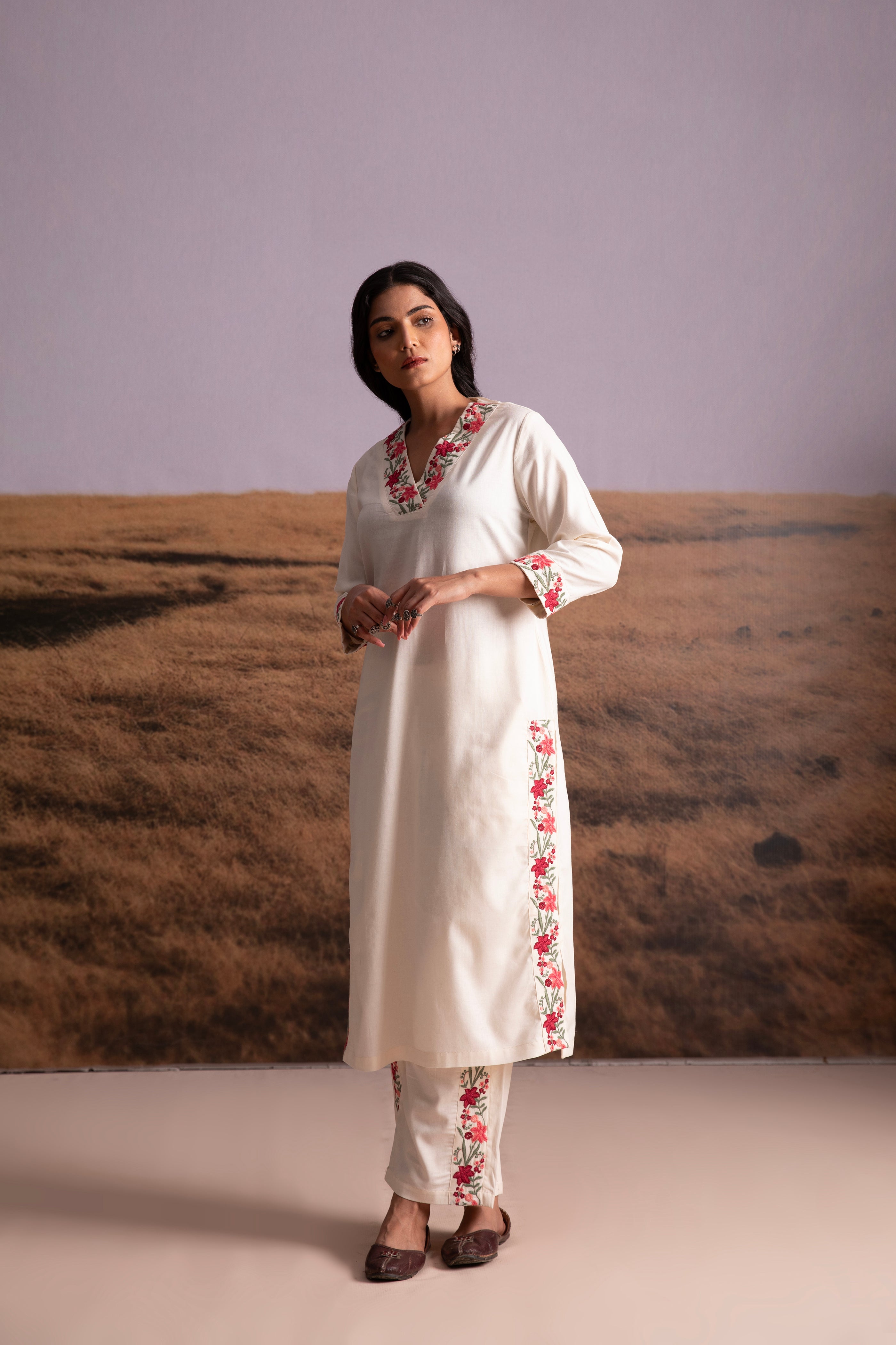Cream Floral Embroidered Kurta Set - Mokshaa