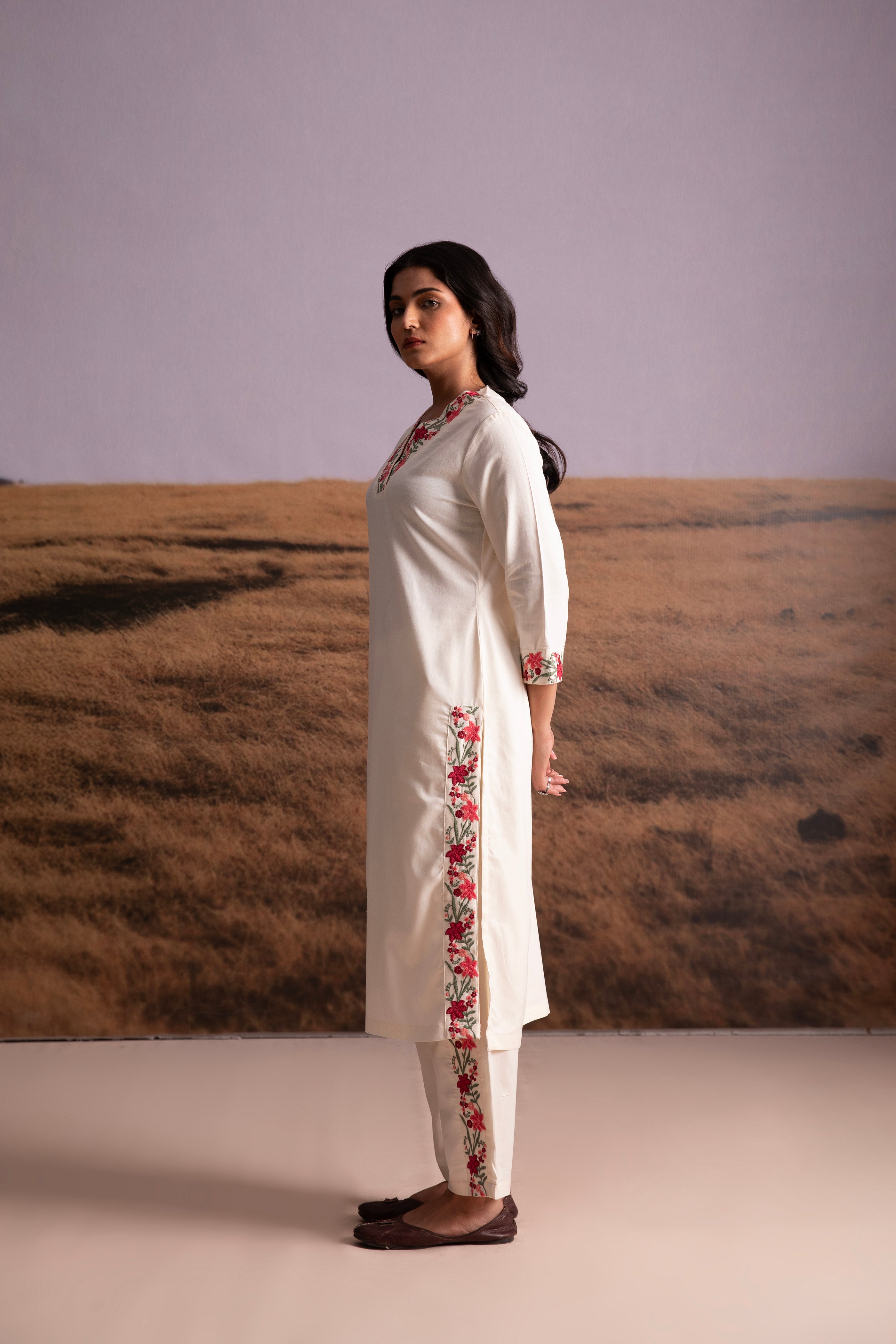 Cream Floral Embroidered Kurta Set - Mokshaa