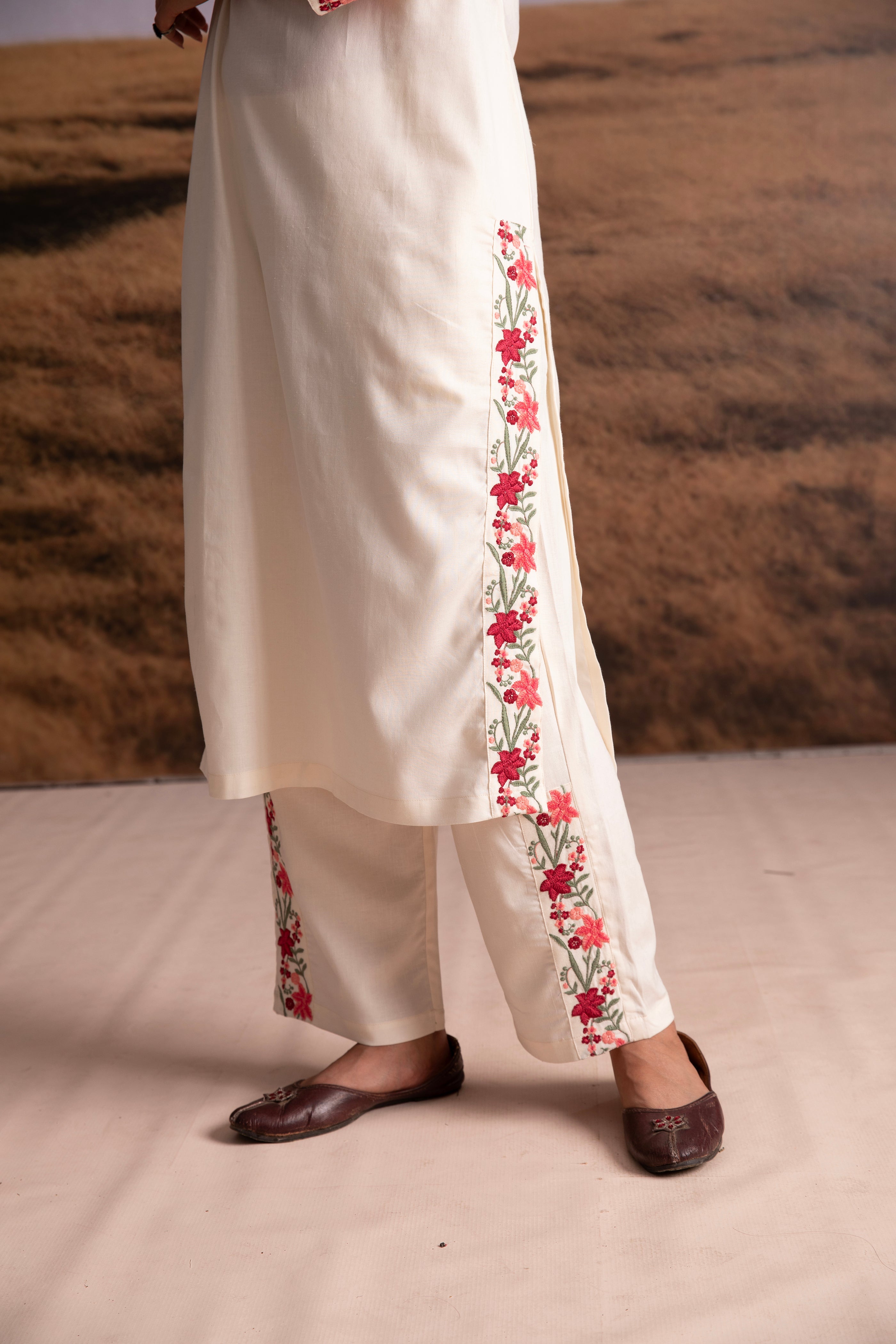 Cream Floral Embroidered Kurta Set - Mokshaa