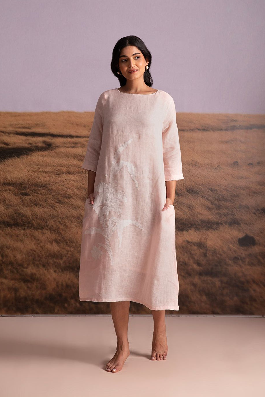 Pure Hemp Applique Dress-Pink - Mokshaa