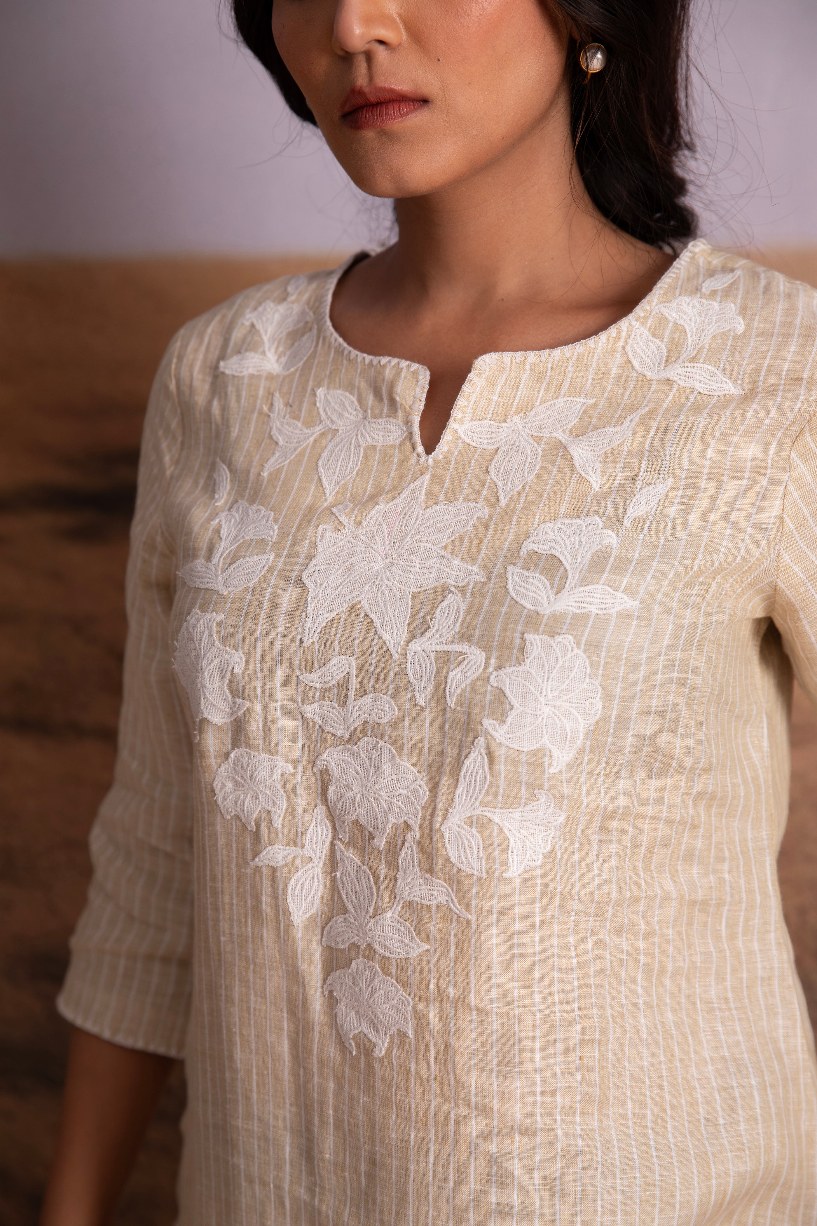 Pure Hemp Striped Applique Kurta Set-Natural - Mokshaa