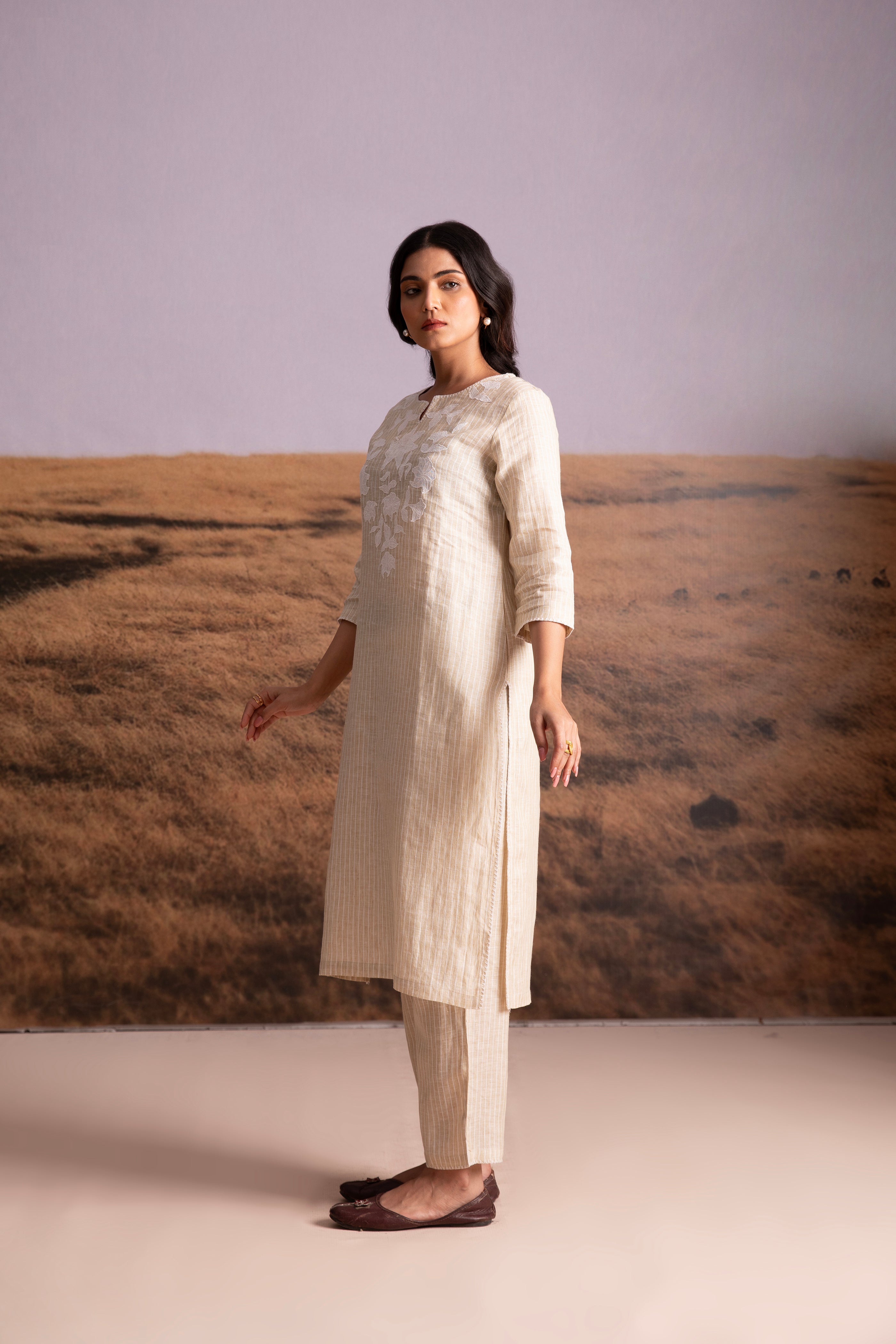 Pure Hemp Striped Applique Kurta Set-Natural - Mokshaa