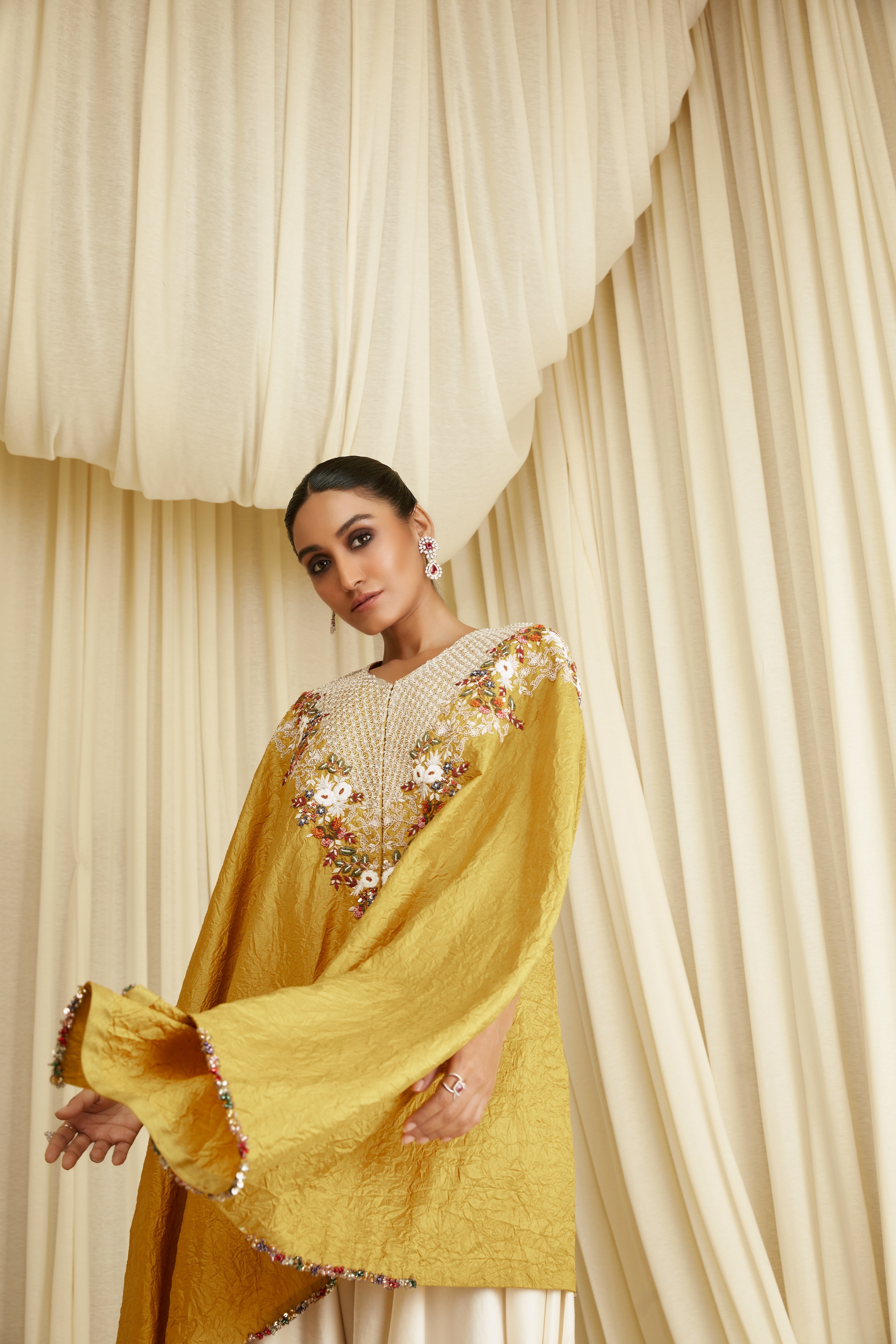 Mustard Multi-Thread Beehive Crushed Kaftan Set  Mokshaa