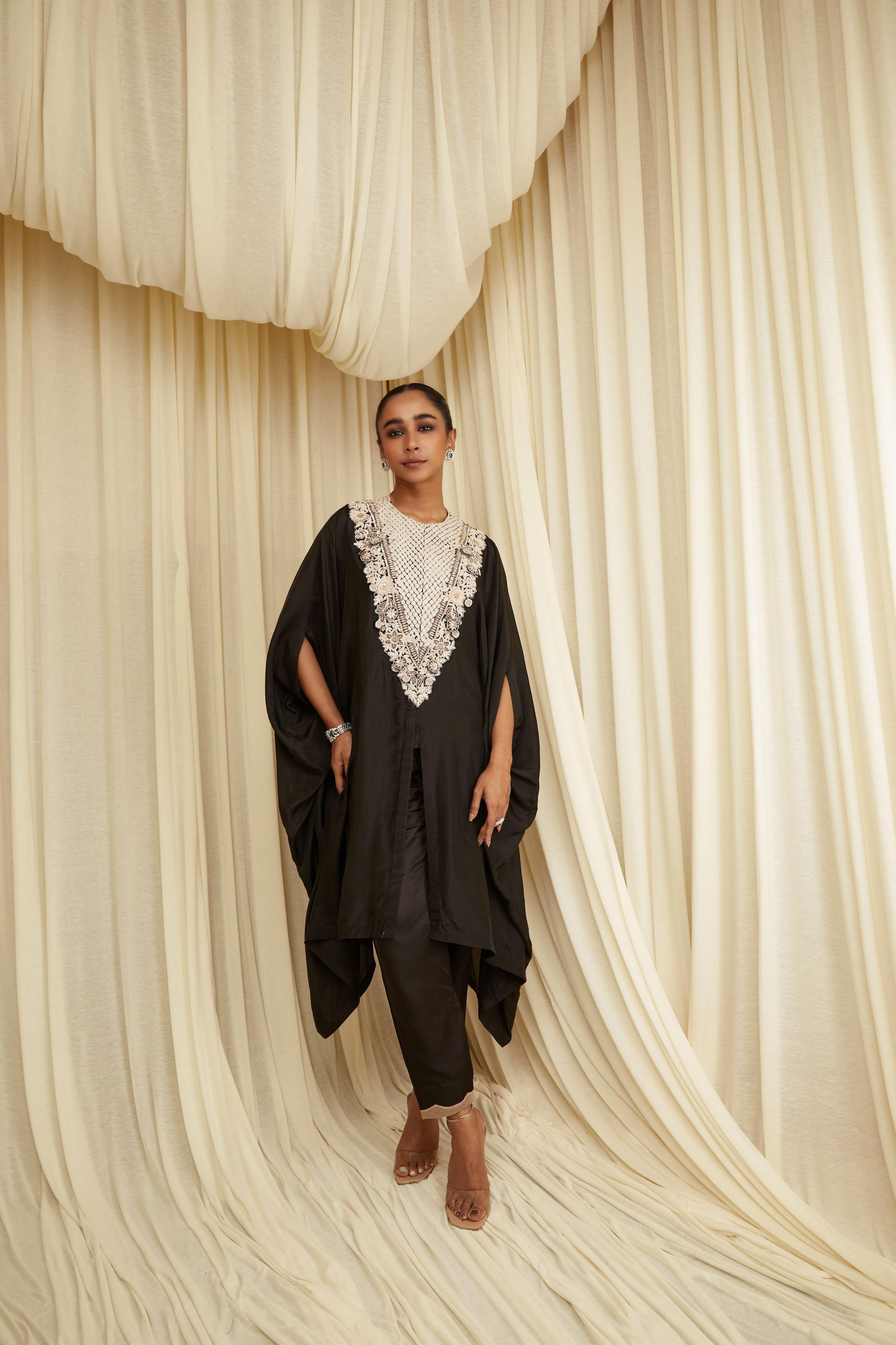 Black Resham V Neck Kaftan Set - Mokshaa