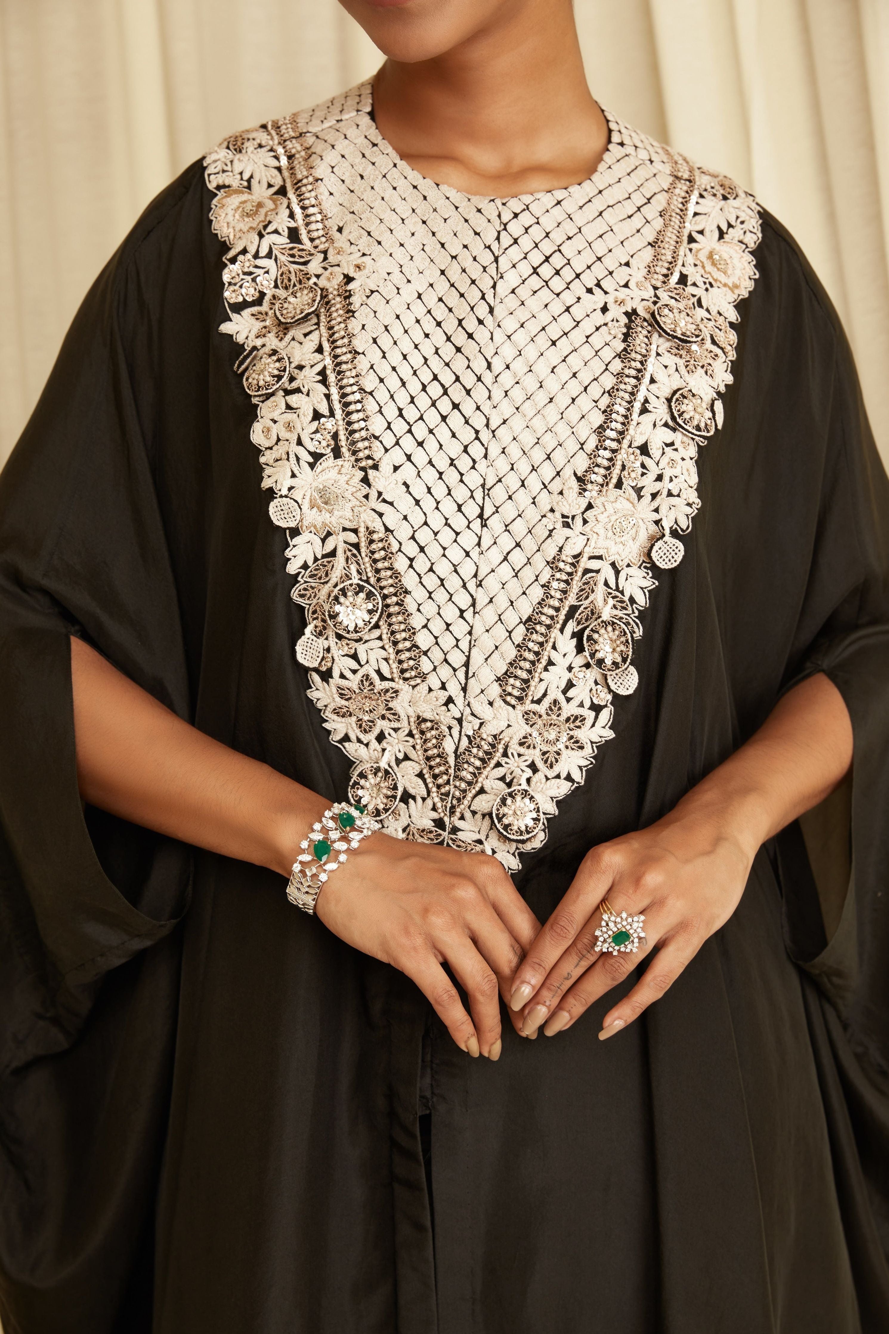 Black Resham V Neck Kaftan Set - Mokshaa