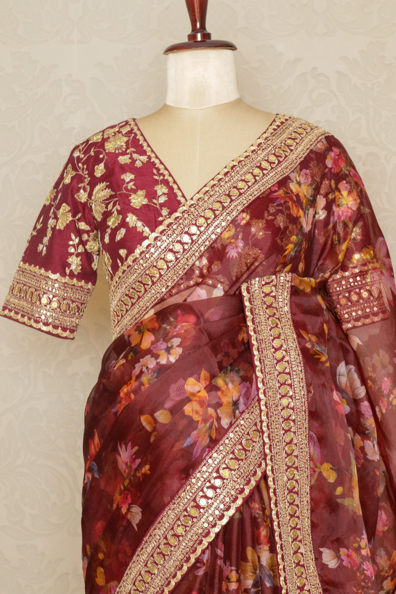Maroon Organza Saree with Digital Floral Print & Embroidered Blouse