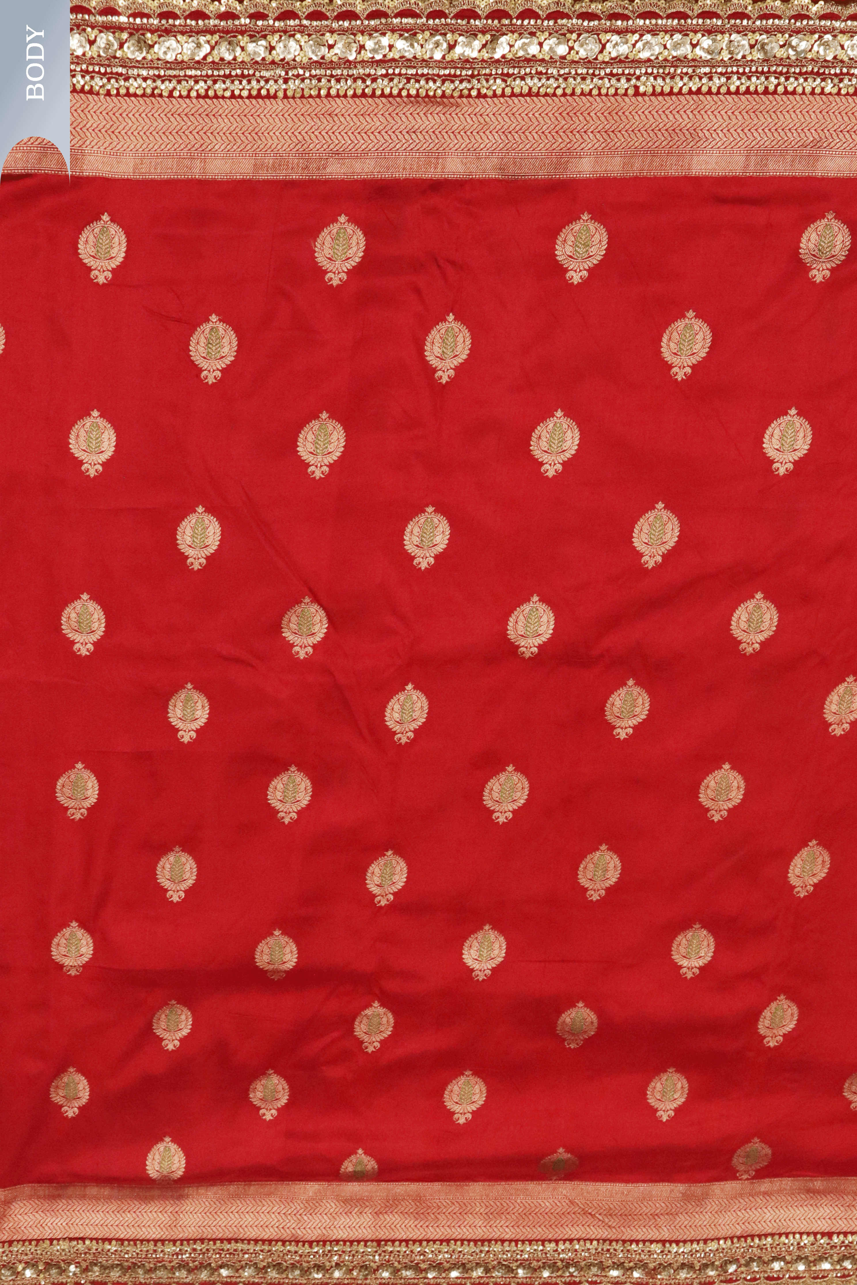 Red Banarasi Silk Saree with Kaduwa Buttas & Sequin Border.