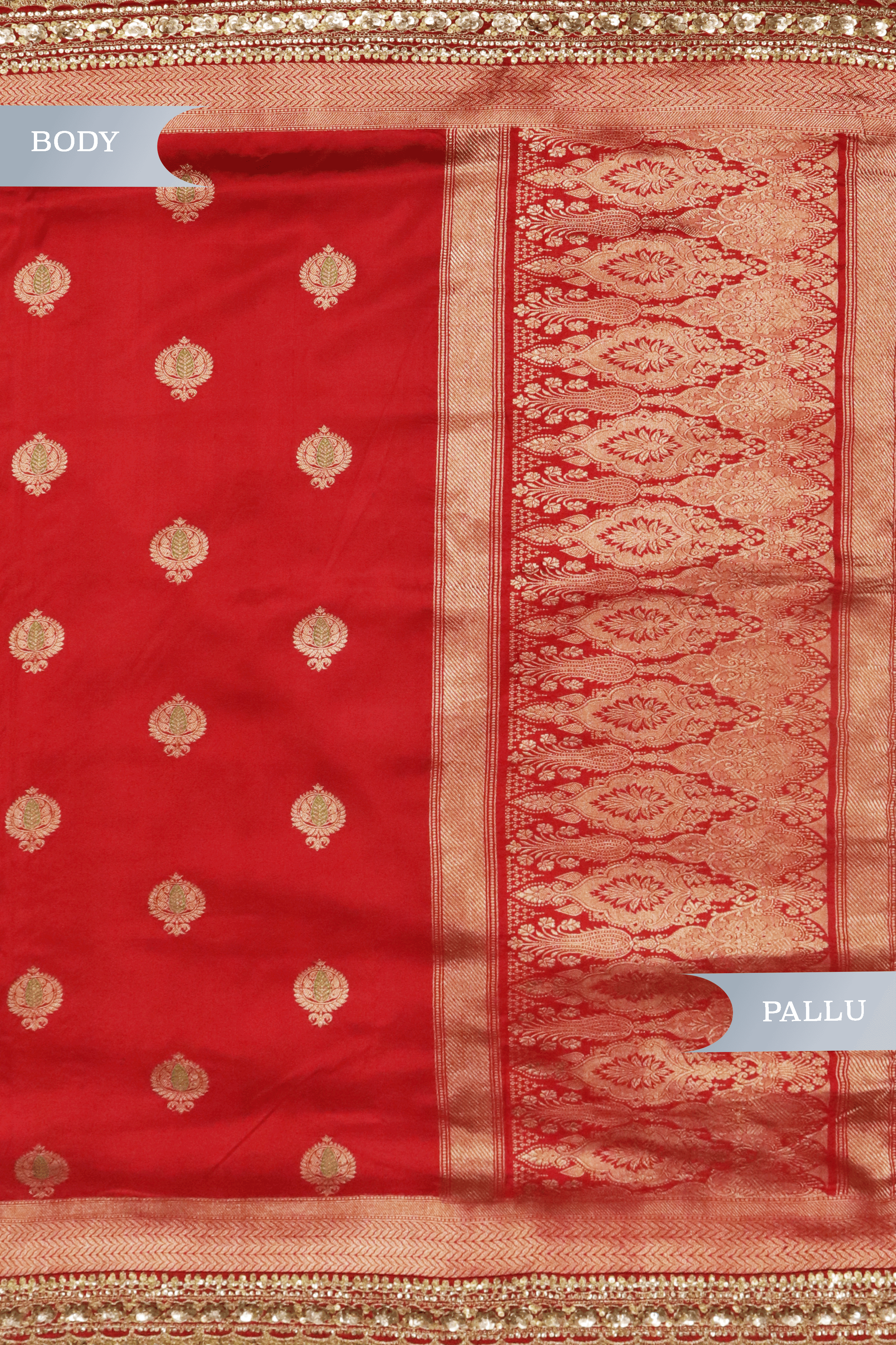 Red Banarasi Silk Saree with Kaduwa Buttas & Sequin Border.