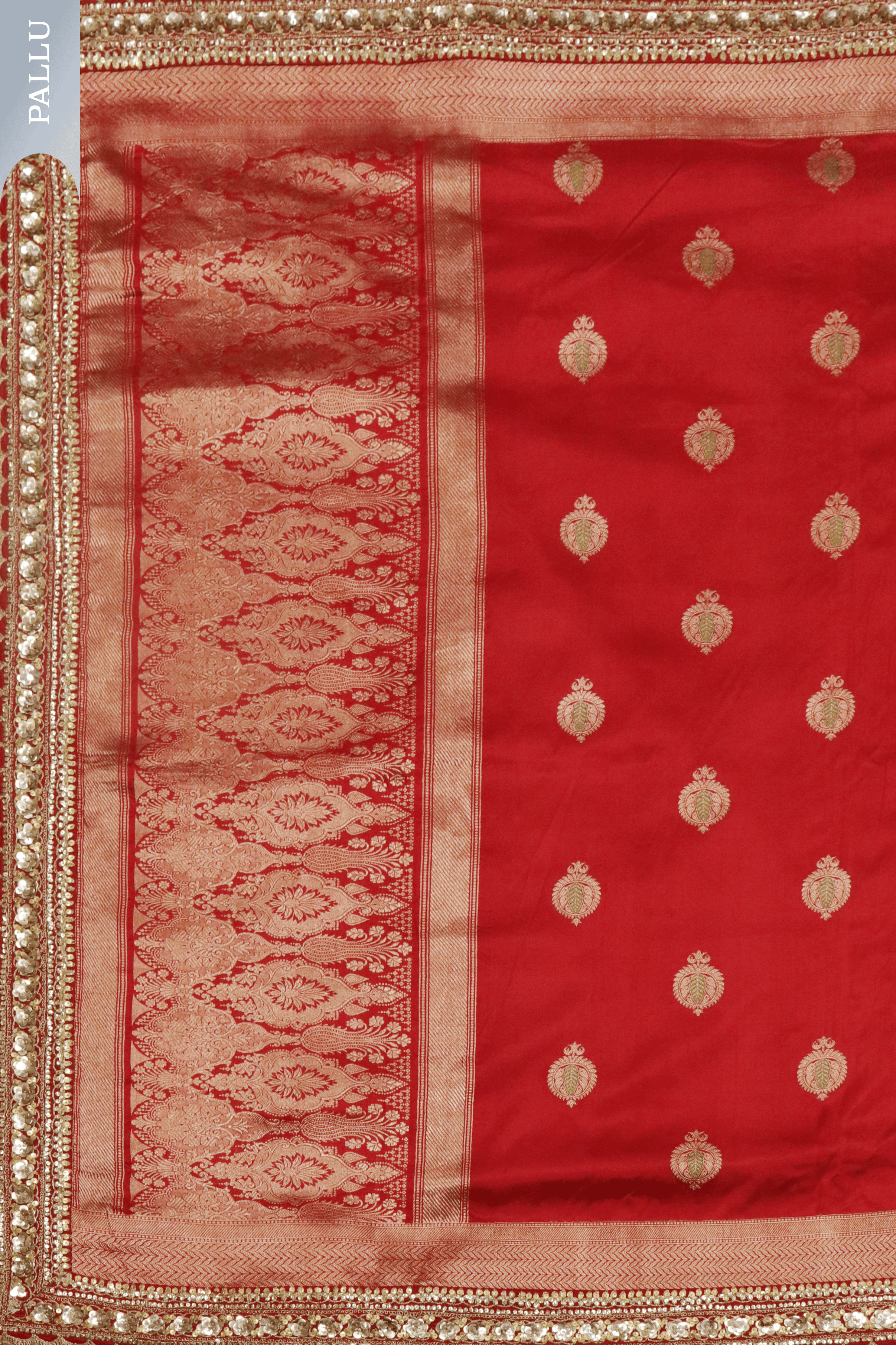 Red Banarasi Silk Saree with Kaduwa Buttas & Sequin Border.