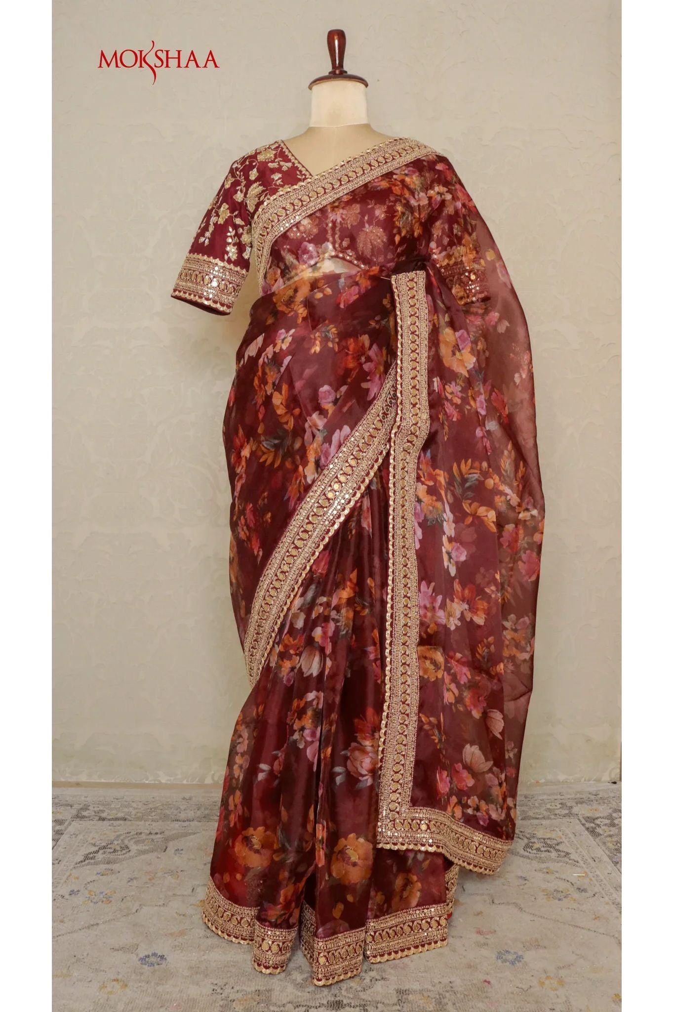 Maroon Organza Saree with Digital Floral Print & Embroidered Blouse - Mokshaa
