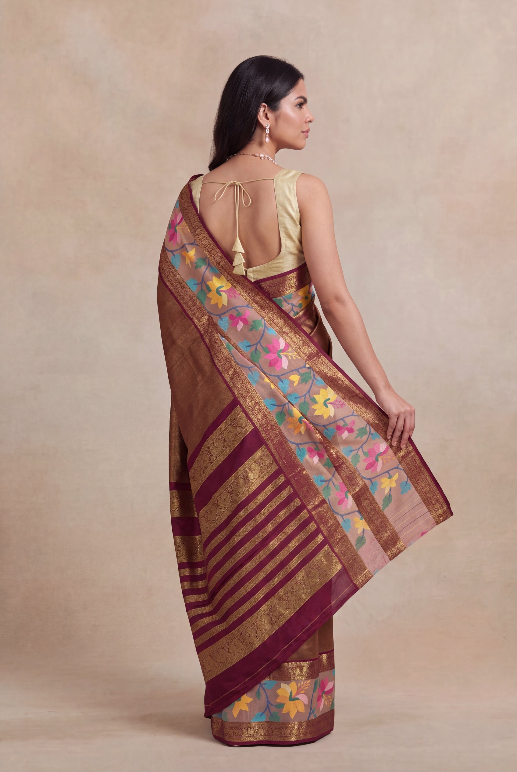 Maroon Kanchivaram Silk Fusion Saree