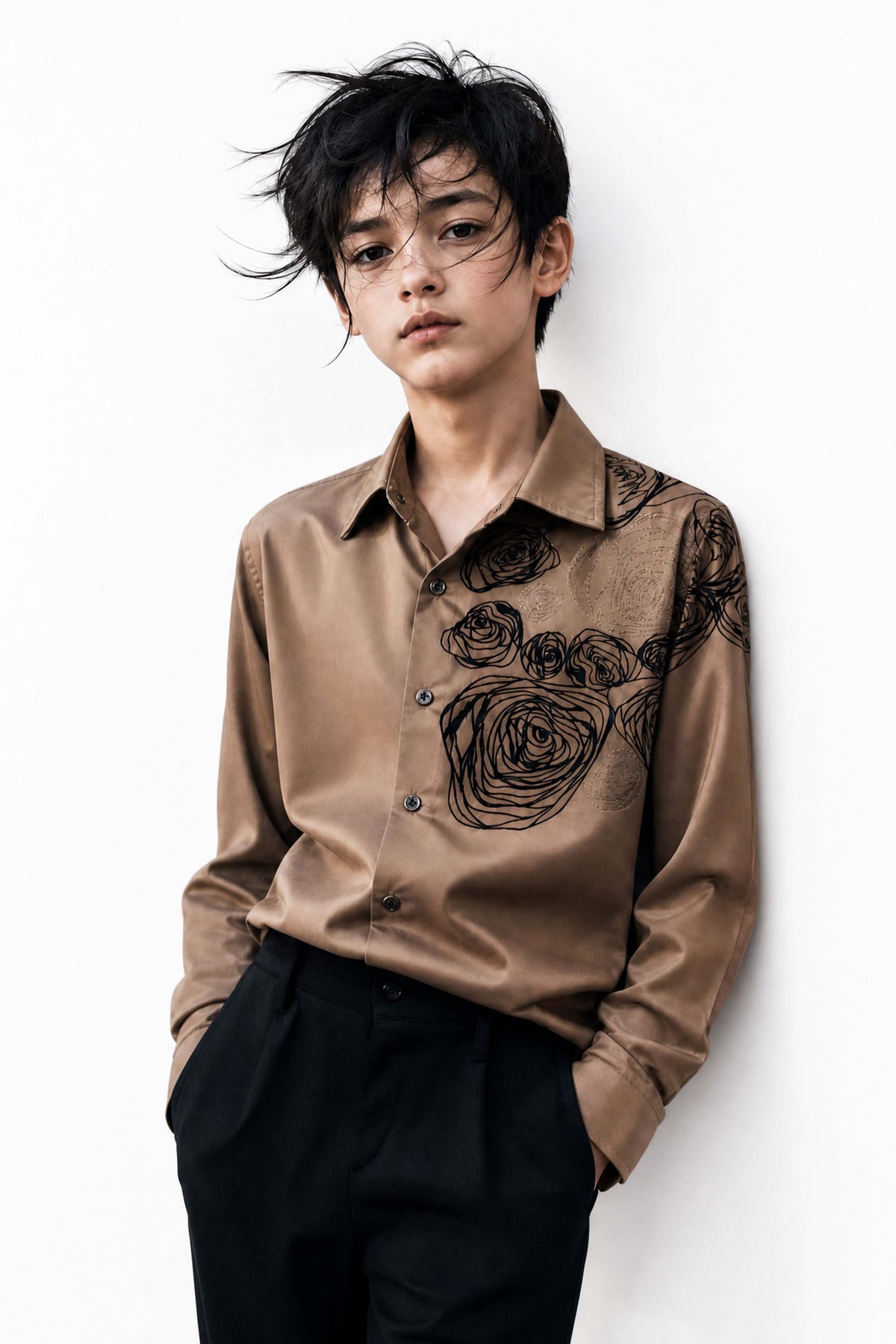 Mocha Brown Floral Embroidered Boys Shirt