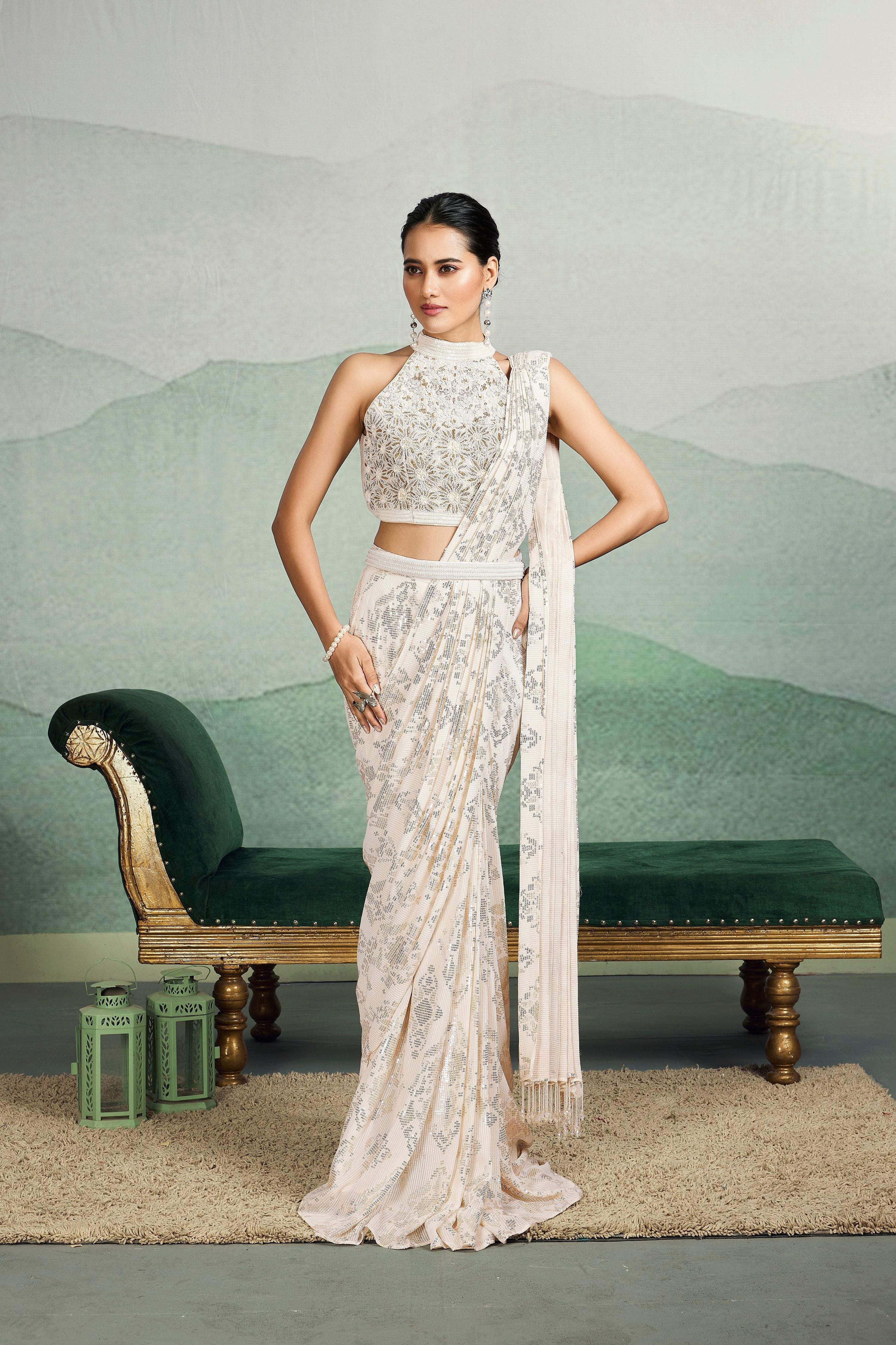 Pearl White Embellished Premium Net Silk Saree - Mokshaa