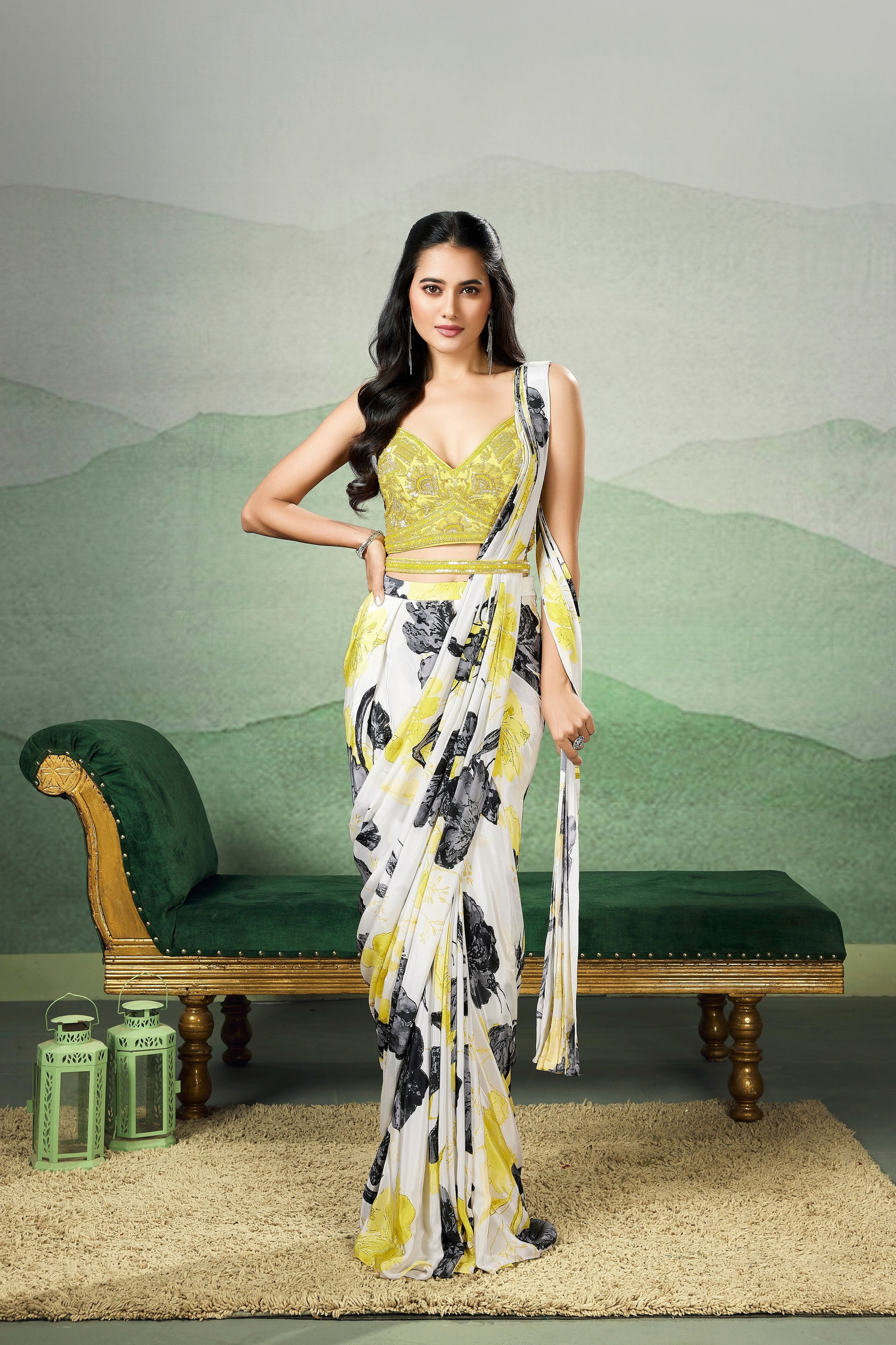 Bright Yellow Floral Printed Chinon Silk Saree - Mokshaa