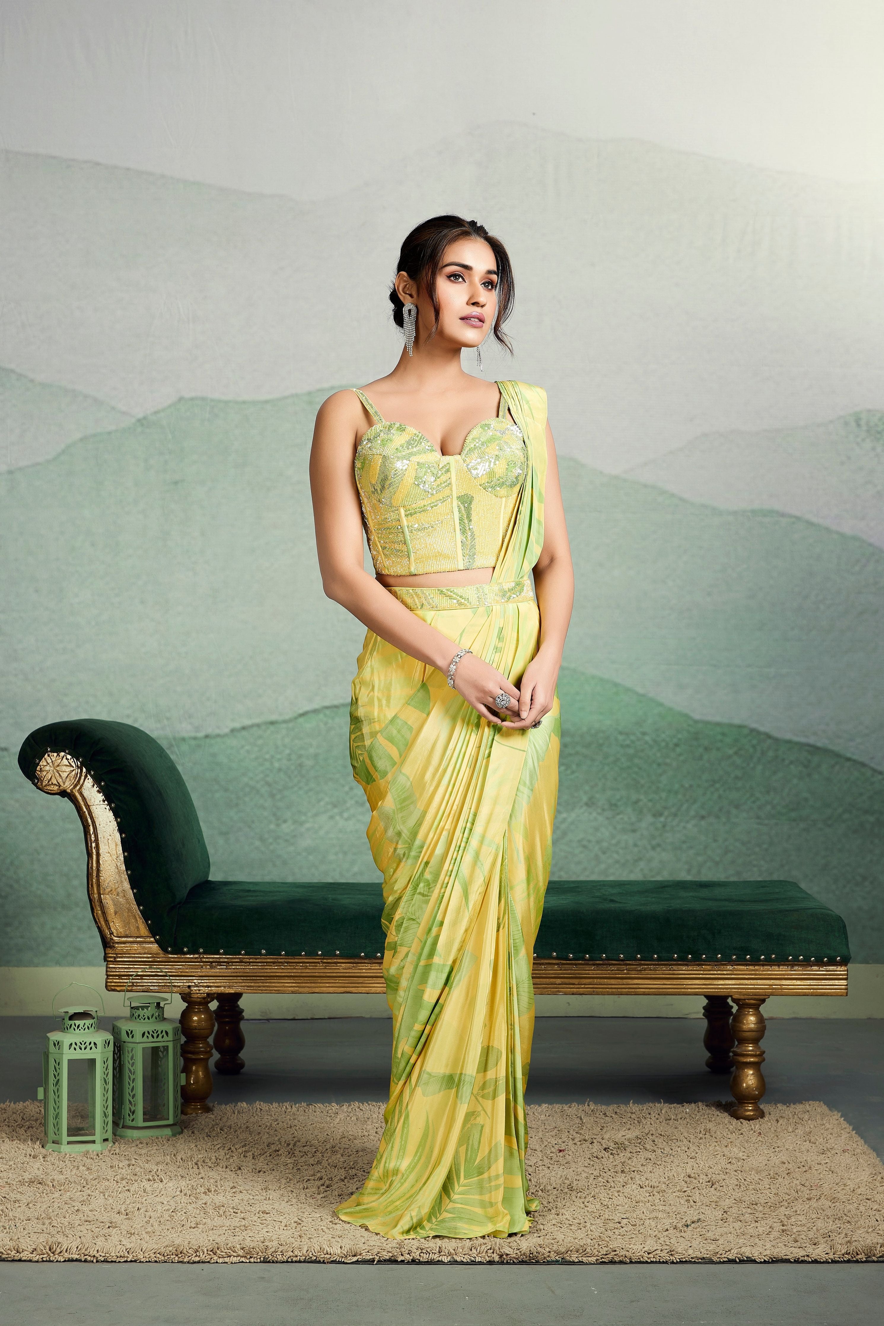 Bright Yellow Digital Printed Chinon Silk Saree - Mokshaa