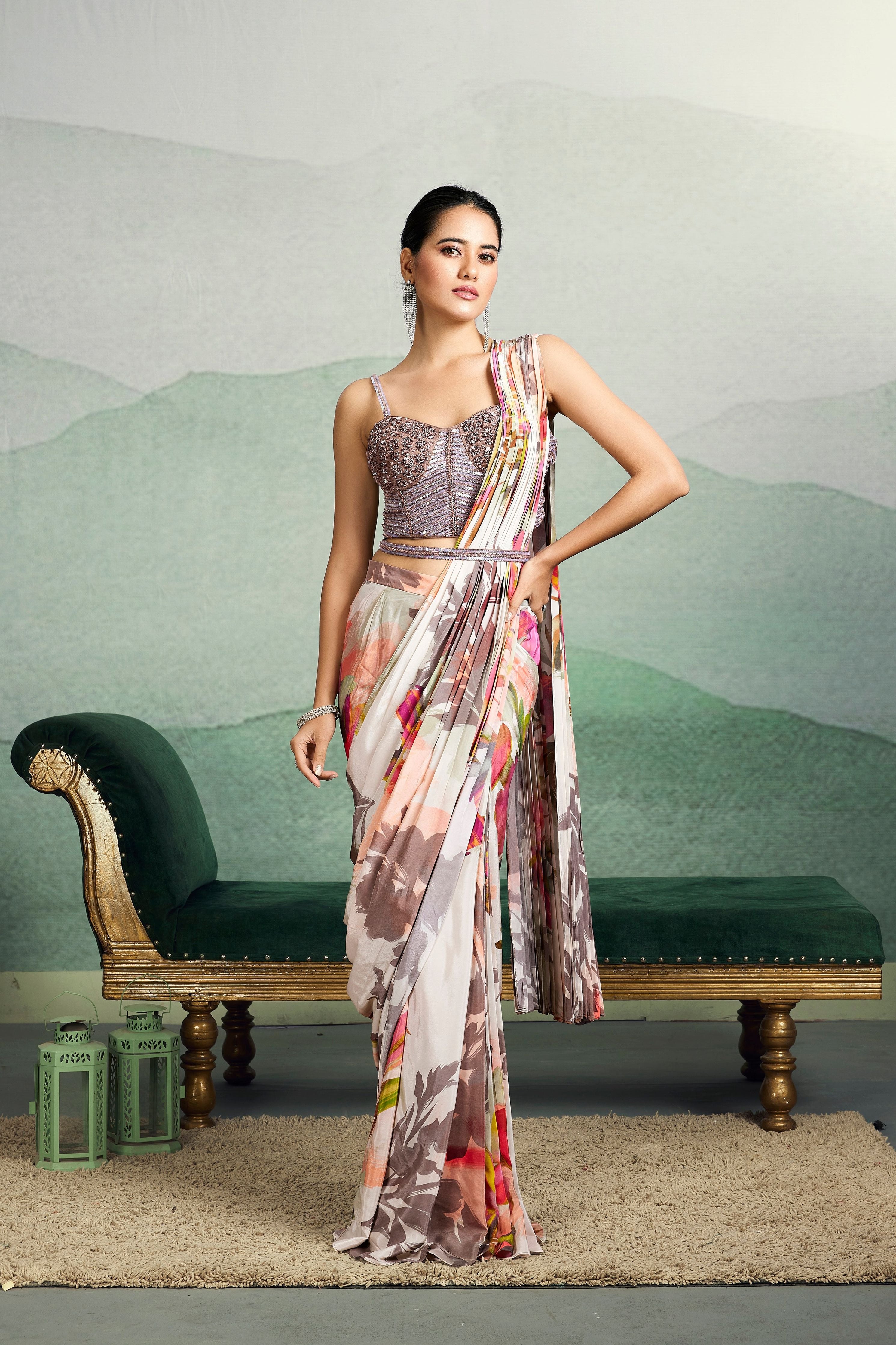 Bright Cream Digital Floral Printed Chinon Silk Saree - Mokshaa