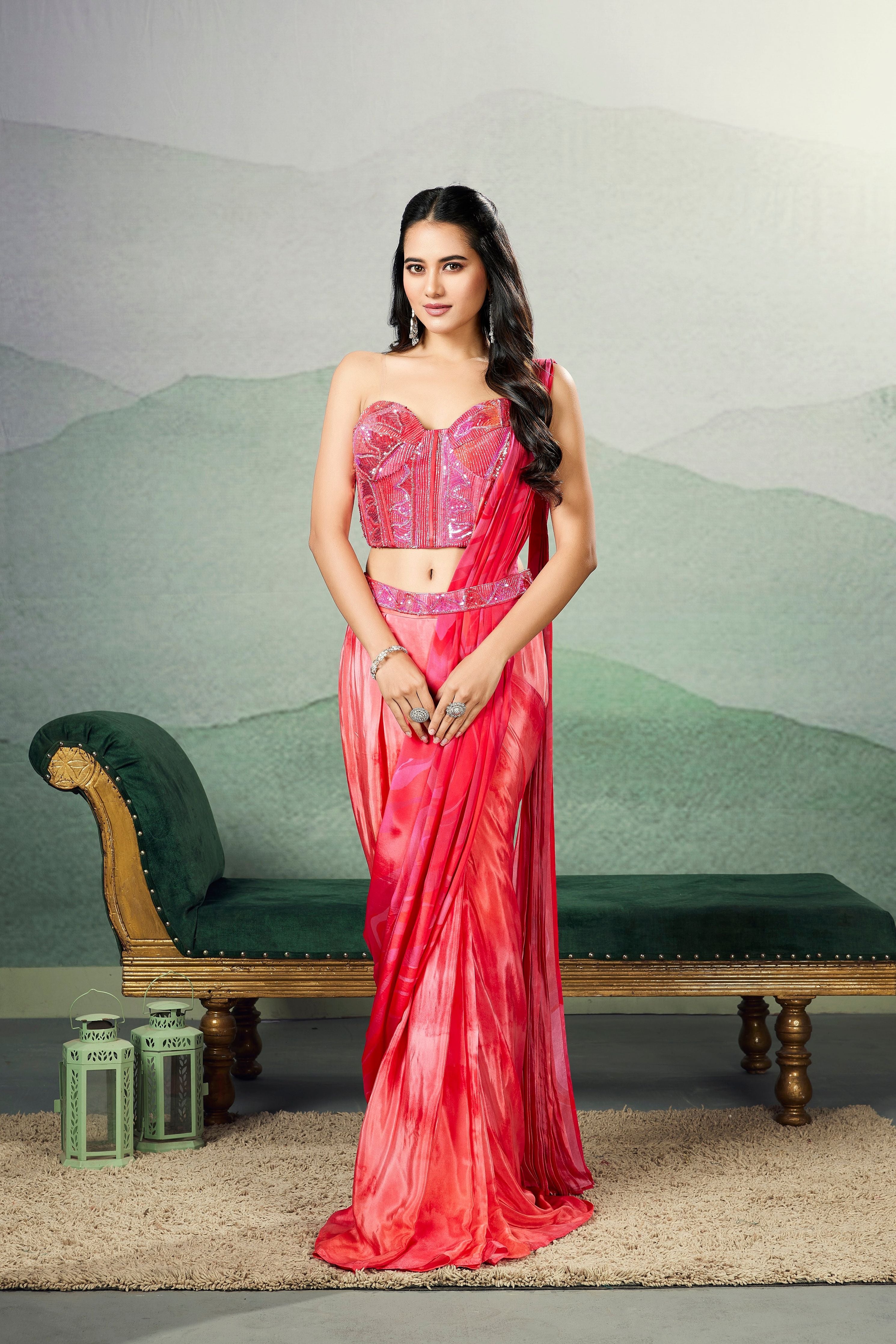 Cerise Red Ombre-Dyed Chinon Silk Saree - Mokshaa