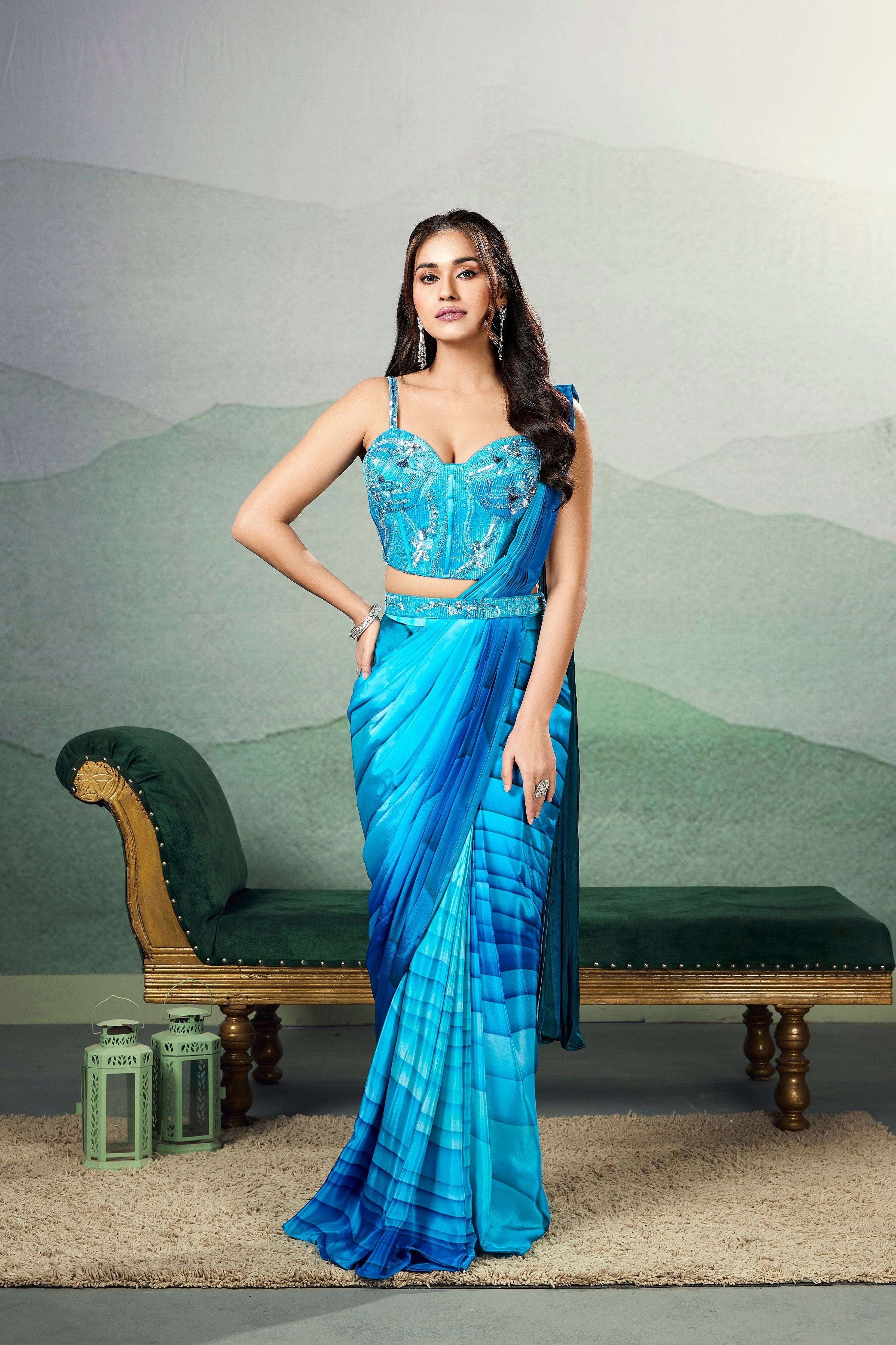 Blue Ombre-Dyed Digital Printed Chinon Silk Saree - Mokshaa